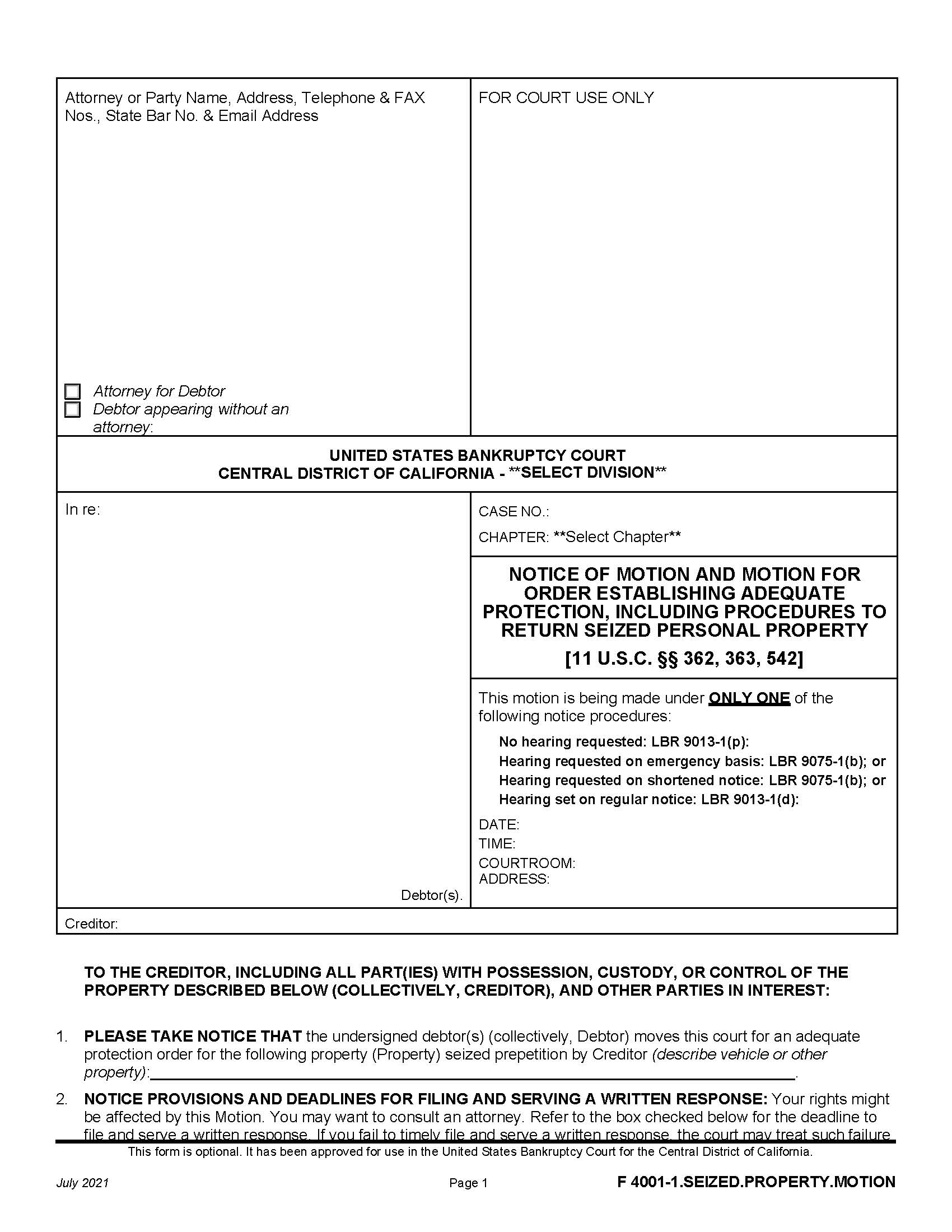 Notice Of Motion And Motion For Order Establishing Adequate Protection {F 4001-1.SEIZED.PROPERTY.MOTION} | Pdf Fpdf Docx | California