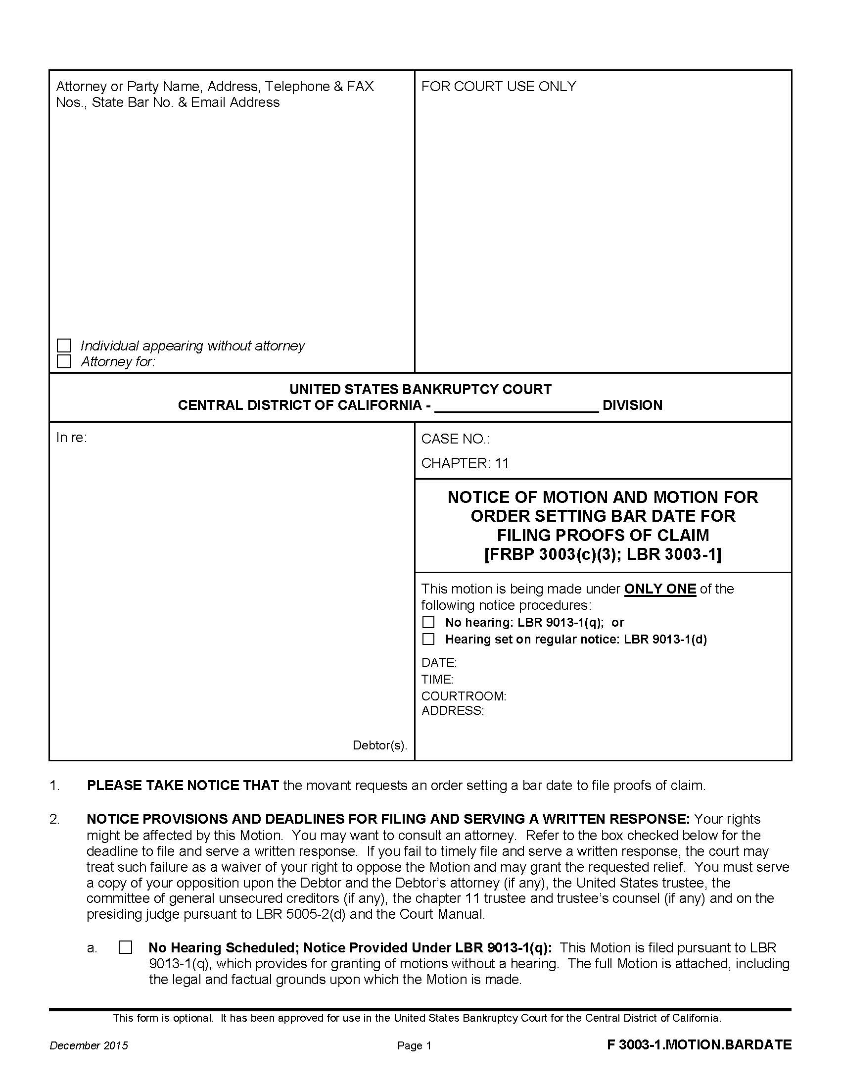 Notice Of Motion And Motion For Order Setting Bar Date {F 3003-1.MOTION.BARDATE} | Pdf Fpdf Doc Docx | California