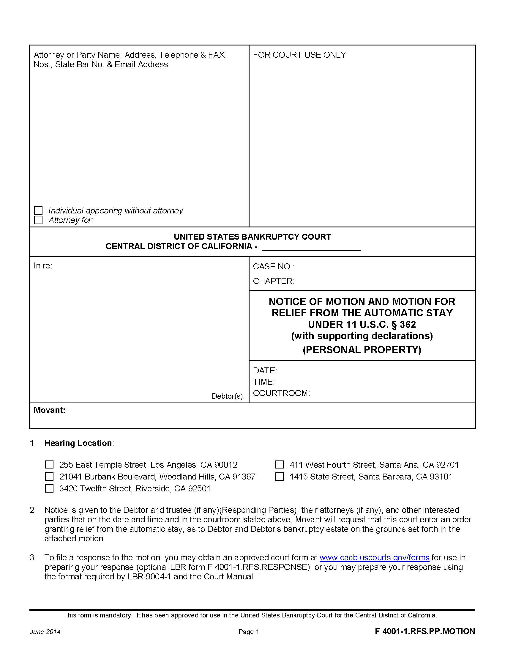 Notice Of Motion And Motion For Relief From The Automatic Stay {F 4001-1.RFS.PP.MOTION} | Pdf Fpdf Doc Docx | California