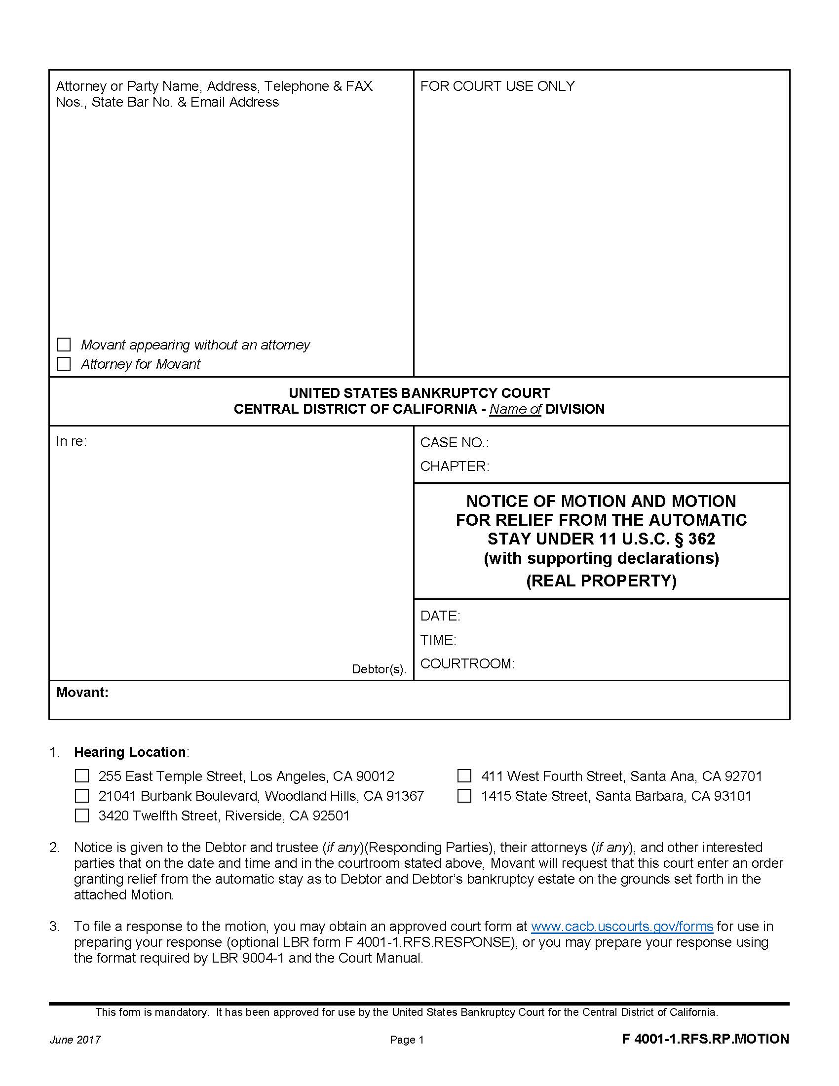 Notice Of Motion And Motion For Relief From The Automatic Stay {F 4001-1.RFS.RP.MOTION} | Pdf Fpdf Docx | California