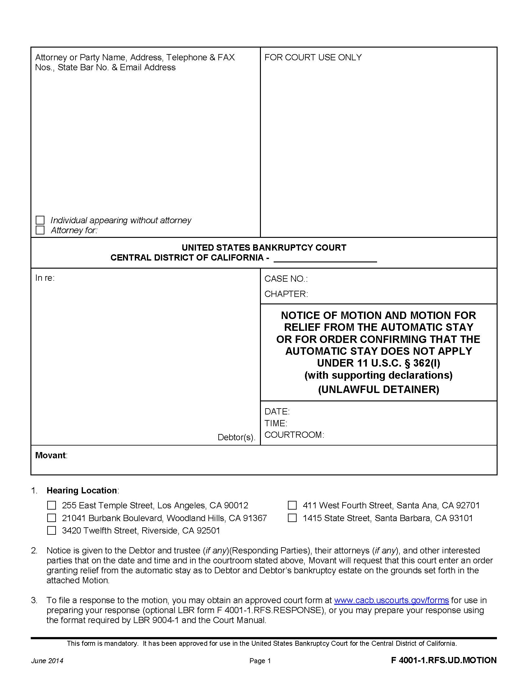 Notice Of Motion And Motion For Relief From The Automatic Stay {F 4001-1.RFS.UD.MOTION} | Pdf Fpdf Doc Docx | California