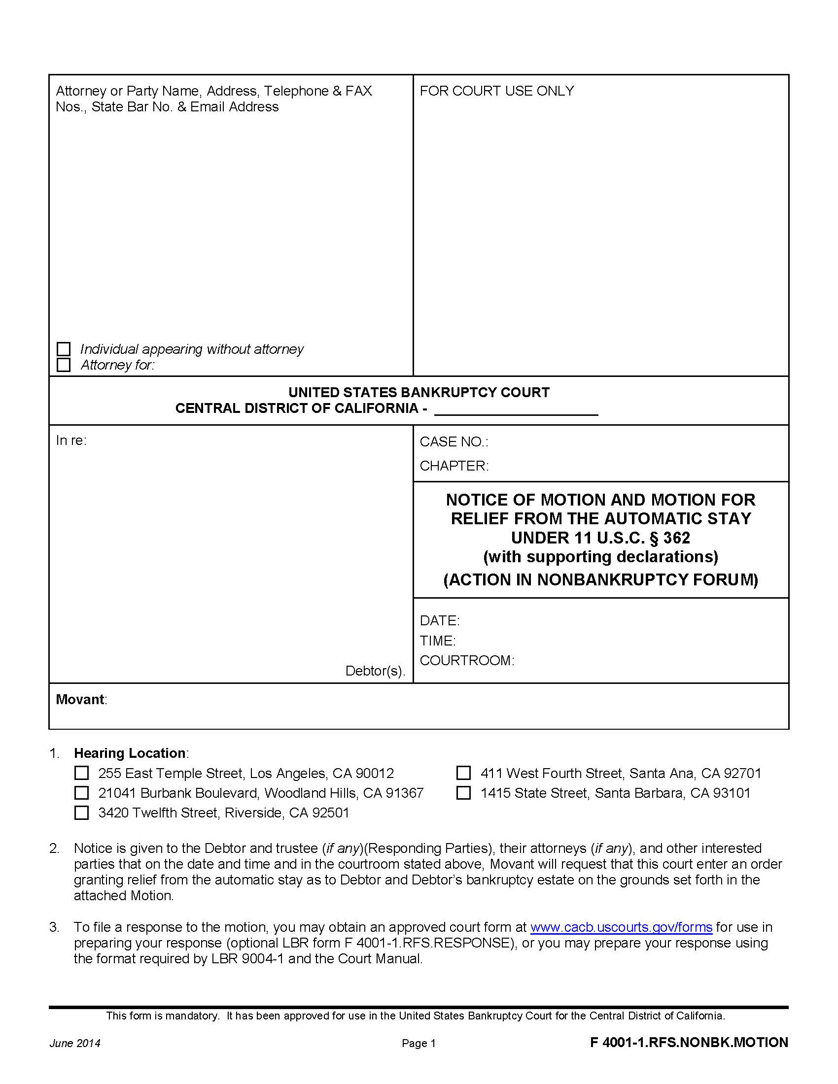 Notice Of Motion And Motion For Relief From The Automatic Stay (Non-Bankruptcy Forum) {F 4001-1.RFS.NONBK.MOTION} | Pdf Fpdf Doc Docx | California