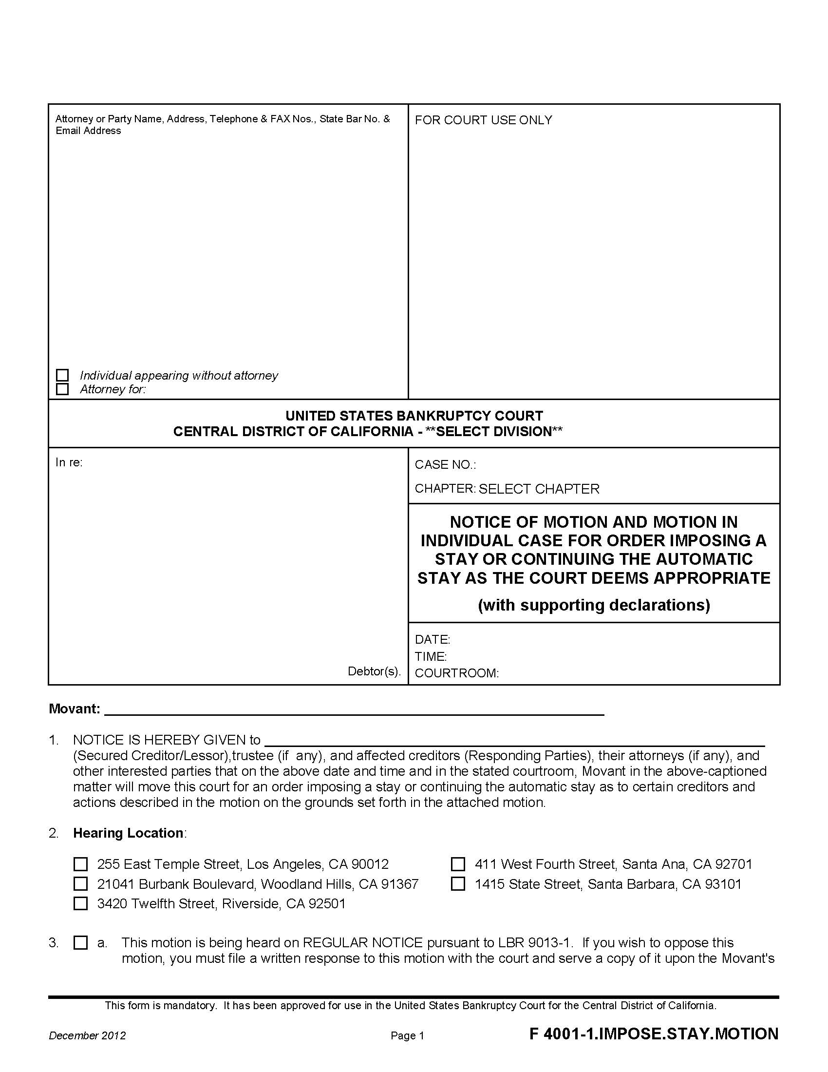 Notice Of Motion And Motion In Individual Case For Order {F 4001-1.IMPOSE.STAY.MOTION} | Pdf Fpdf Doc Docx | California