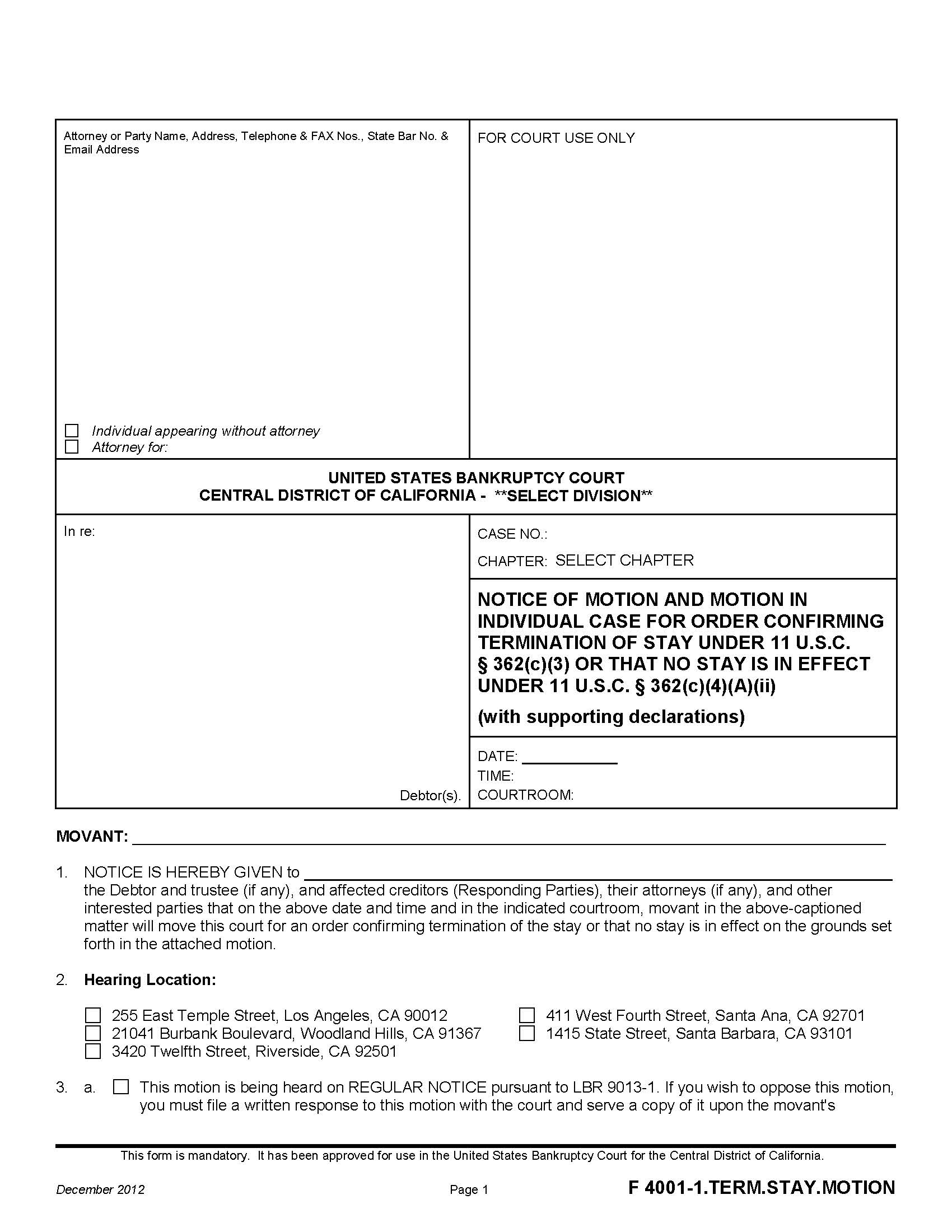 Notice Of Motion And Motion In Individual Case For Order {F 4001-1.TERM.STAY.MOTION} | Pdf Fpdf Doc Docx | California