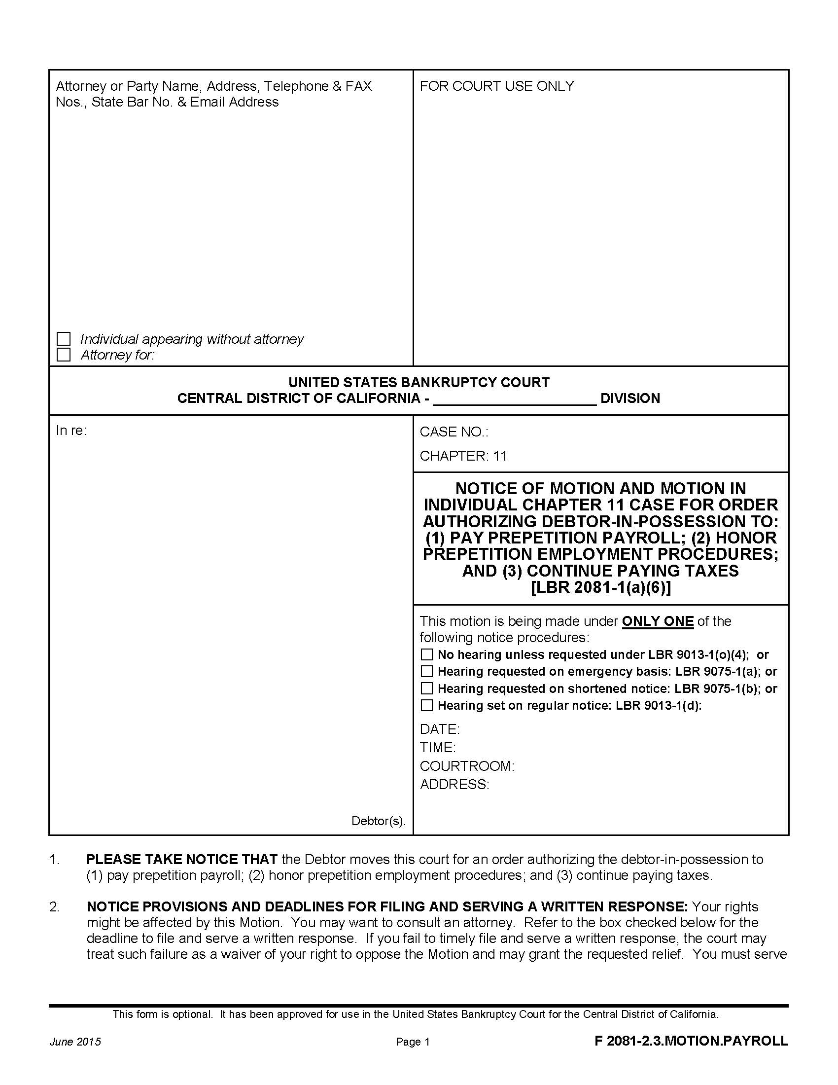 Notice Of Motion And Motion In Individual Chapter 11 Case {F 2081-2.3.MOTION.PAYROLL} | Pdf Fpdf Doc Docx | California