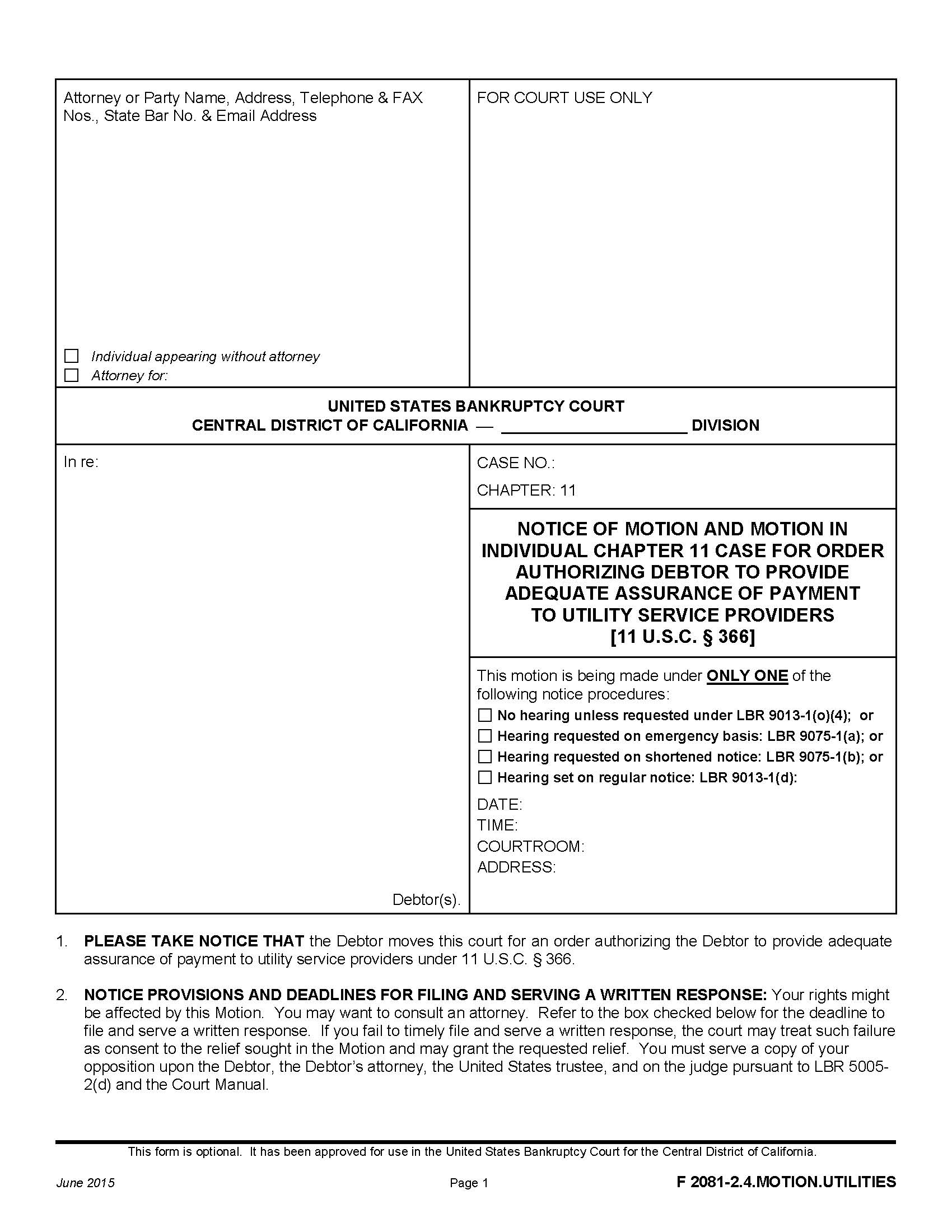 Notice Of Motion And Motion In Individual Chapter 11 Case {F 2081-2.4.MOTION.UTILITIES} | Pdf Fpdf Doc Docx | California