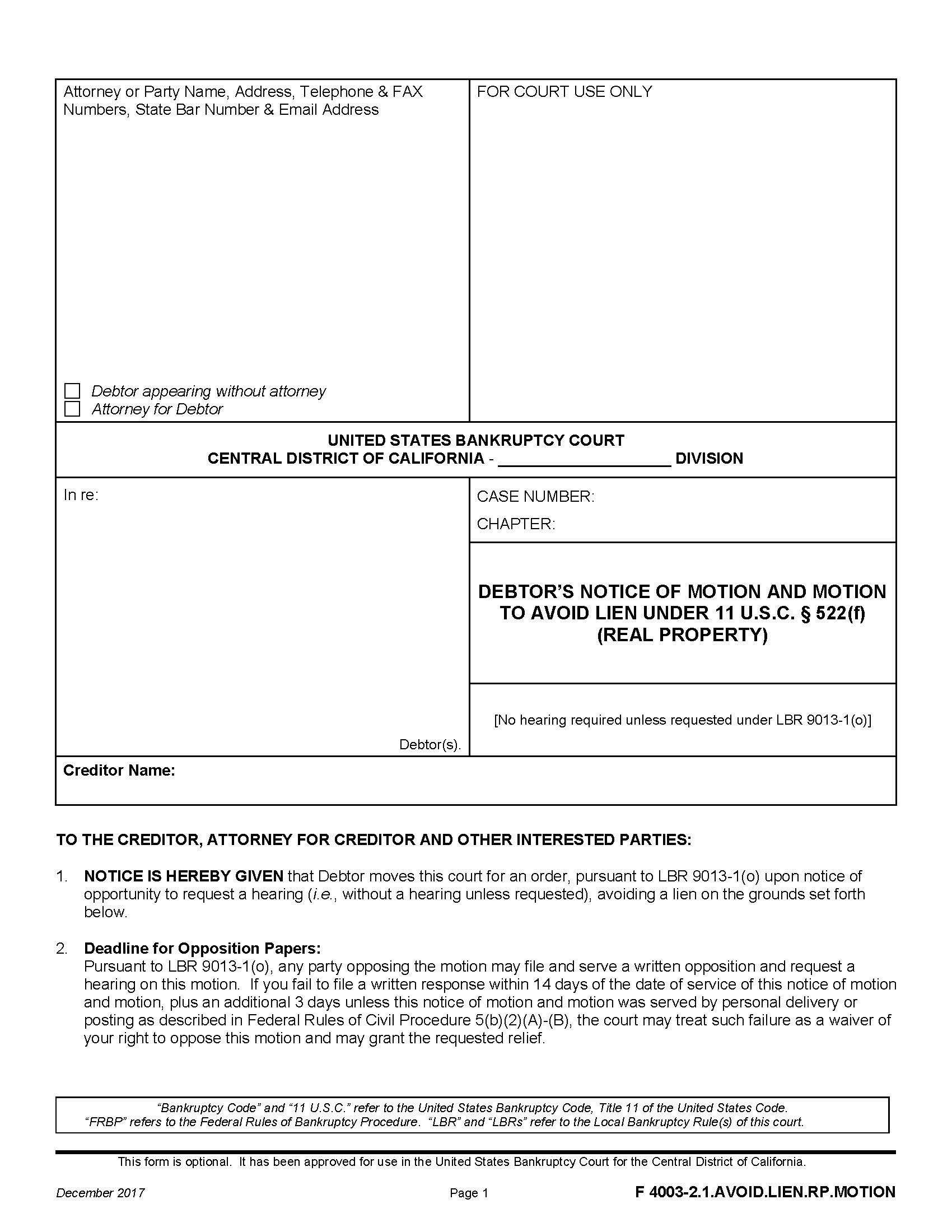 Notice Of Motion And Motion To Avoid Lien {F 4003-2.1.AVOID.LIEN.RP.MOTION} | Pdf Fpdf Docx | California