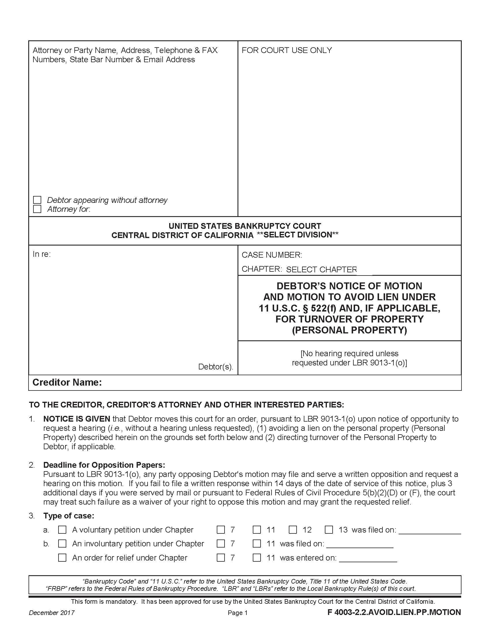 Notice Of Motion And Motion To Avoid Lien {F 4003-2.2.AVOID.LIEN.PP.MOTION} | Pdf Fpdf Docx | California