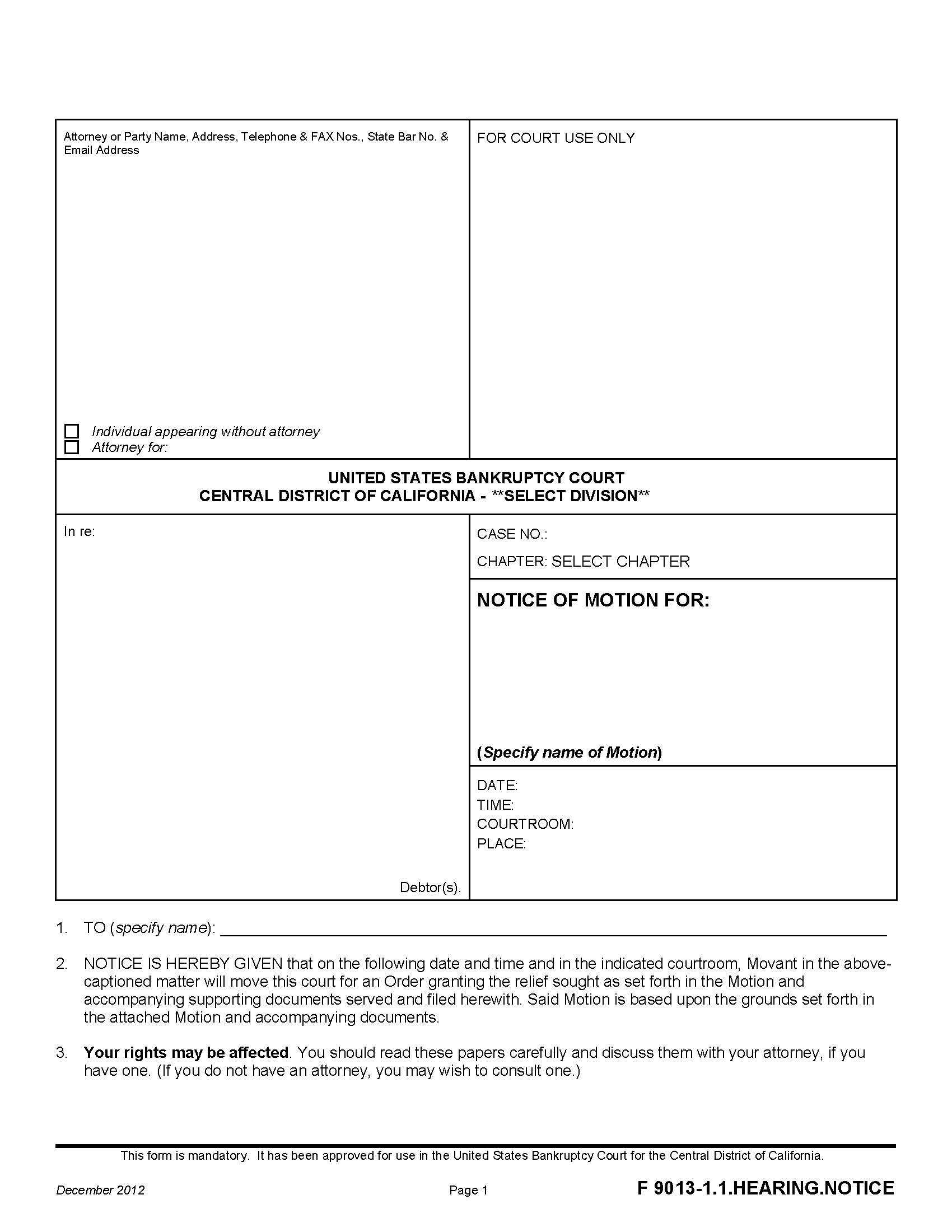 Notice Of Motion For {F 9013-1.1.HEARING.NOTICE} | Pdf Fpdf Doc Docx | California