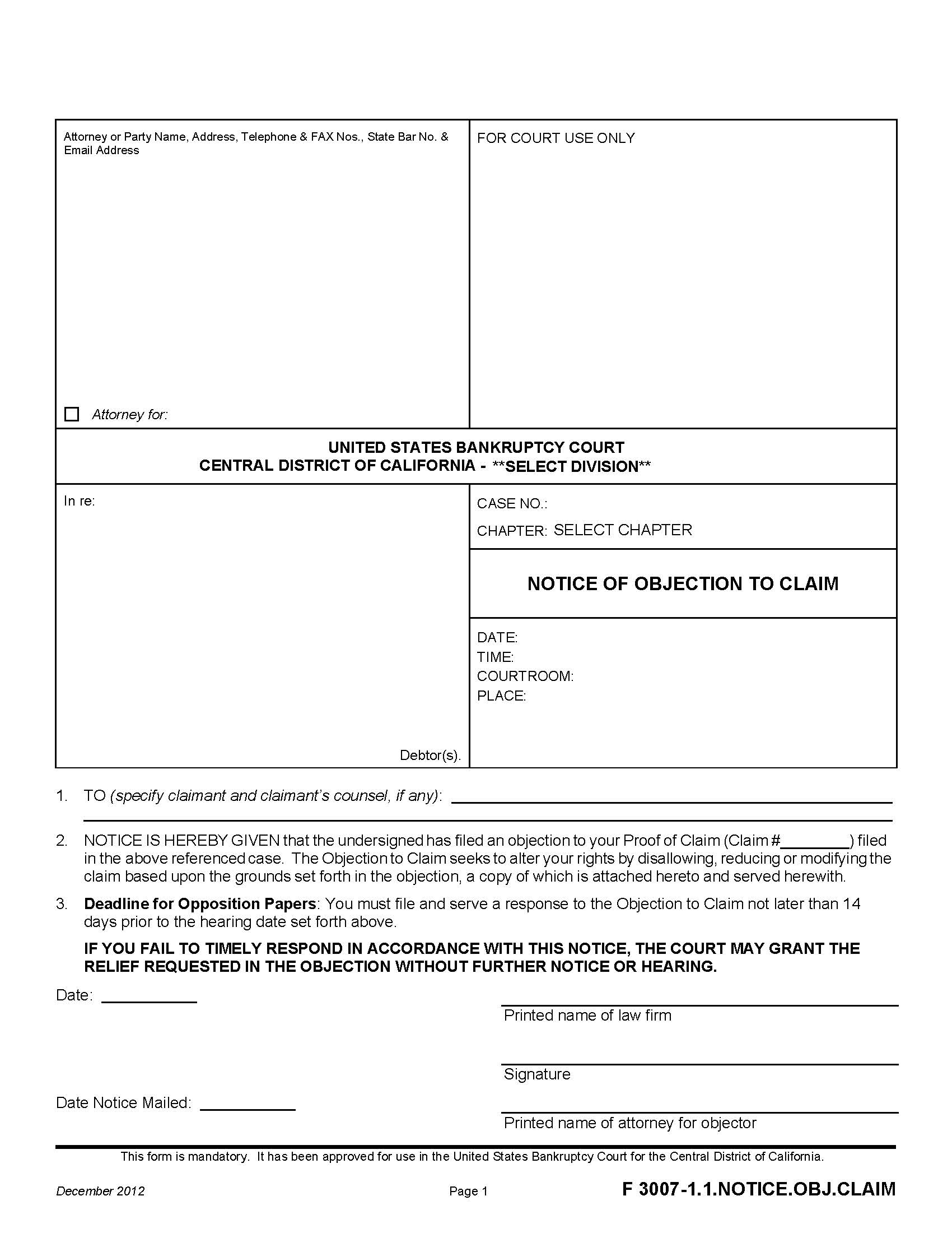 Notice Of Objection To Claim {F 3007-1.1.NOTICE.OBJ.CLAIM} | Pdf Fpdf Doc Docx | California