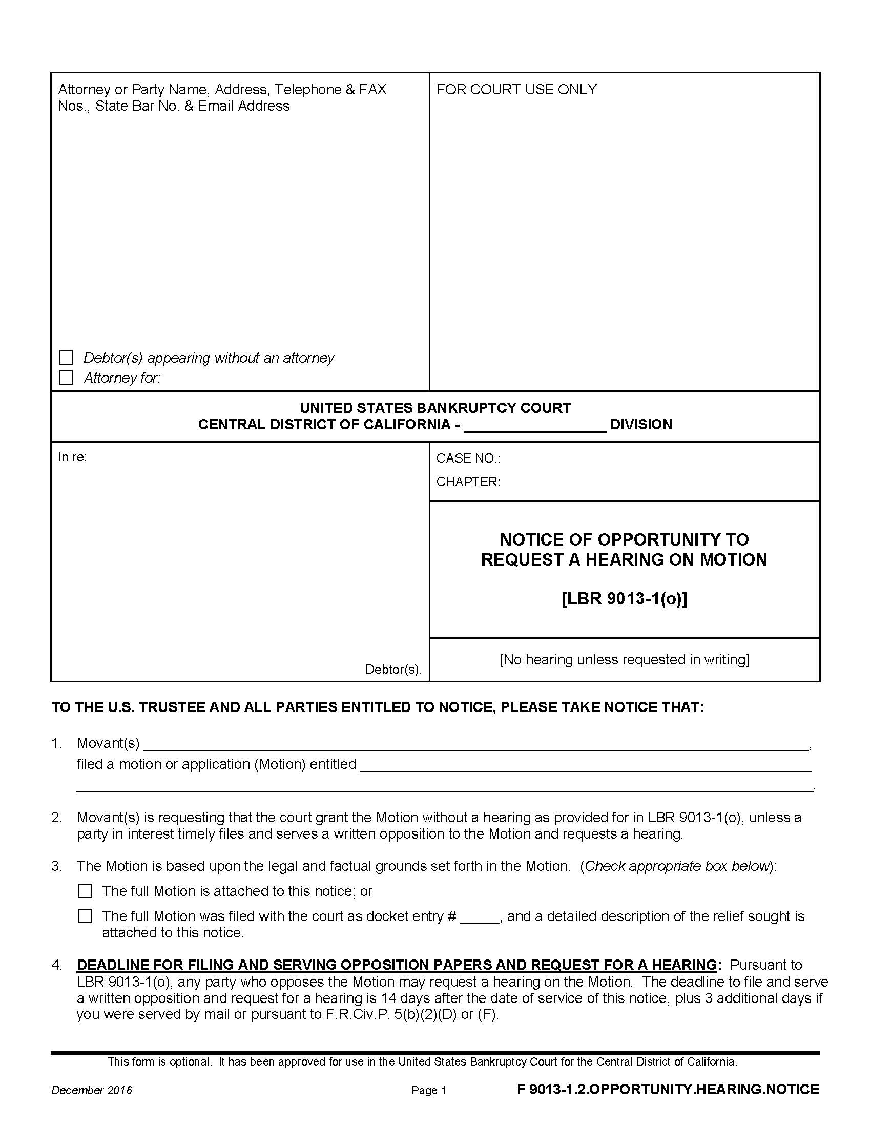 Notice Of Opportunity To Request A Hearing On Motion {F 9013-1.2.OPPORTUNITY.HEARING.NOTICE} | Pdf Fpdf Docx | California