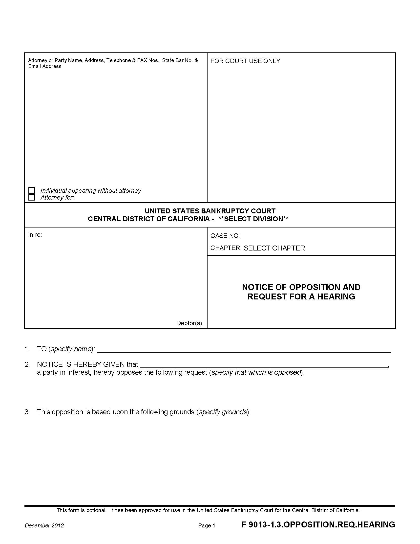 Notice Of Opposition And Request For A Hearing {F 9013-1.3.OPPOSITION.REQ.HEARING} | Pdf Fpdf Doc Docx | California