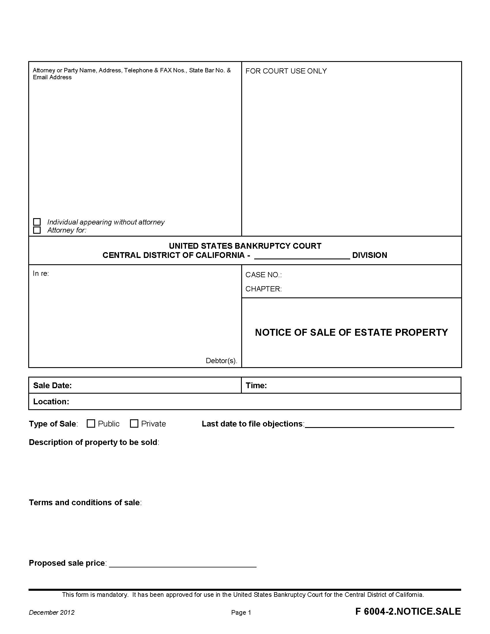 Notice Of Sale Of Estate Property {F 6004-2.NOTICE.SALE} | Pdf Fpdf Doc Docx | California