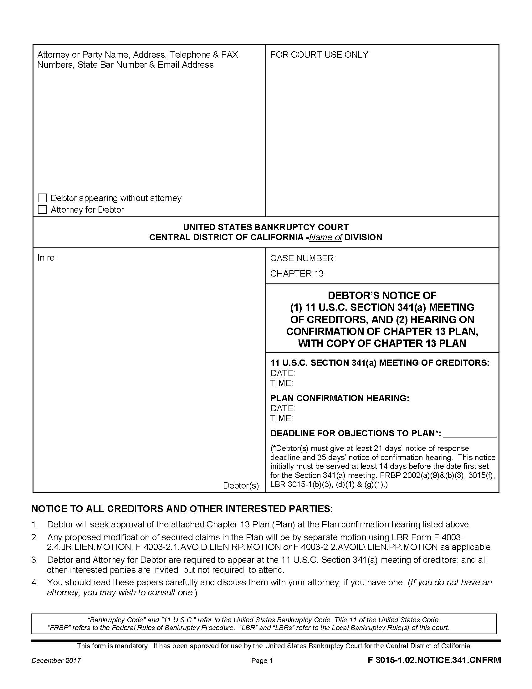 Notice Of Section 341(a) Meeting And Hearing On Confirmation {F 3015-1.02.NOTICE.341.CNFRM} | Pdf Fpdf Docx | California