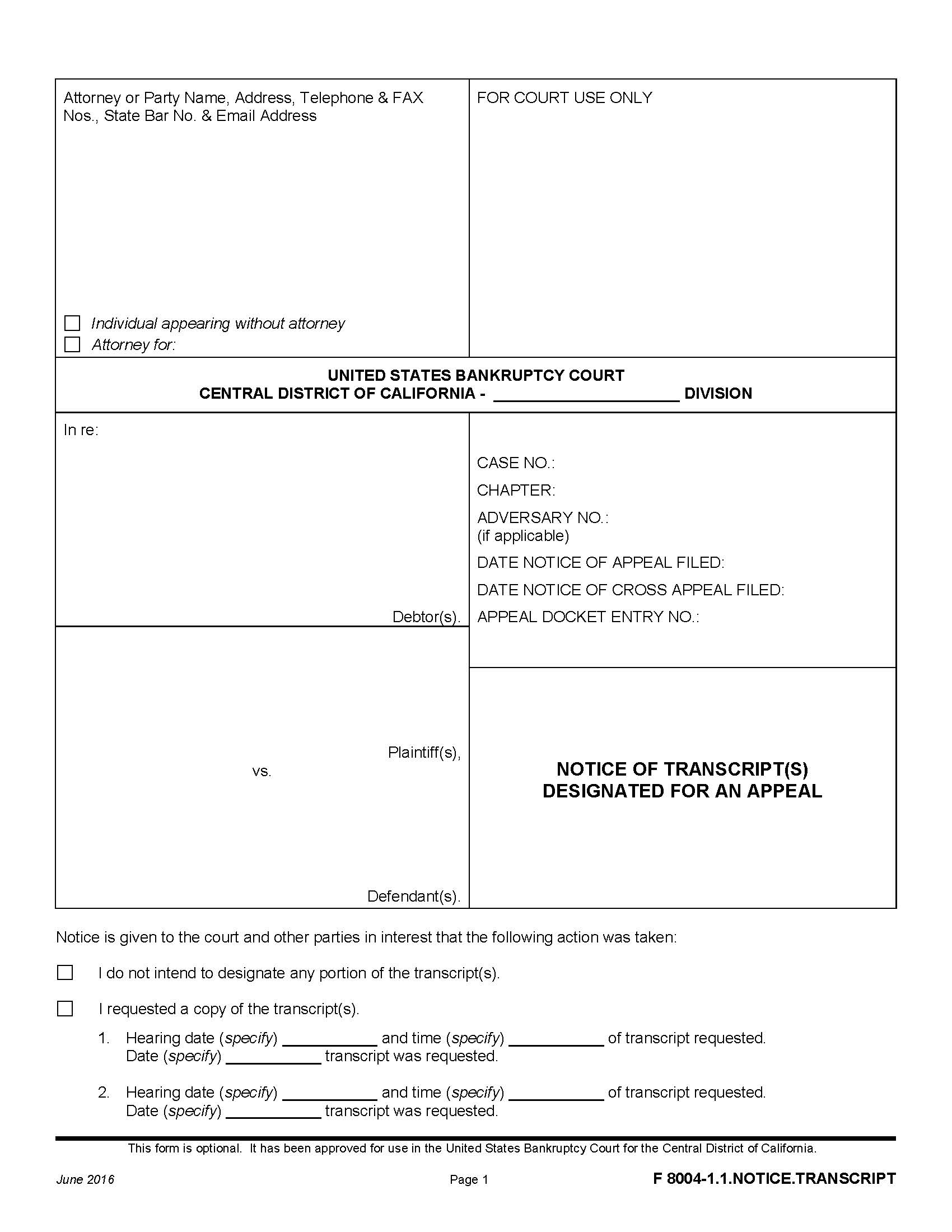 Notice Of Transcript(s) Designated For An Appeal {F 8004-1.1.NOTICE.TRANSCRIPT} | Pdf Fpdf Docx | California