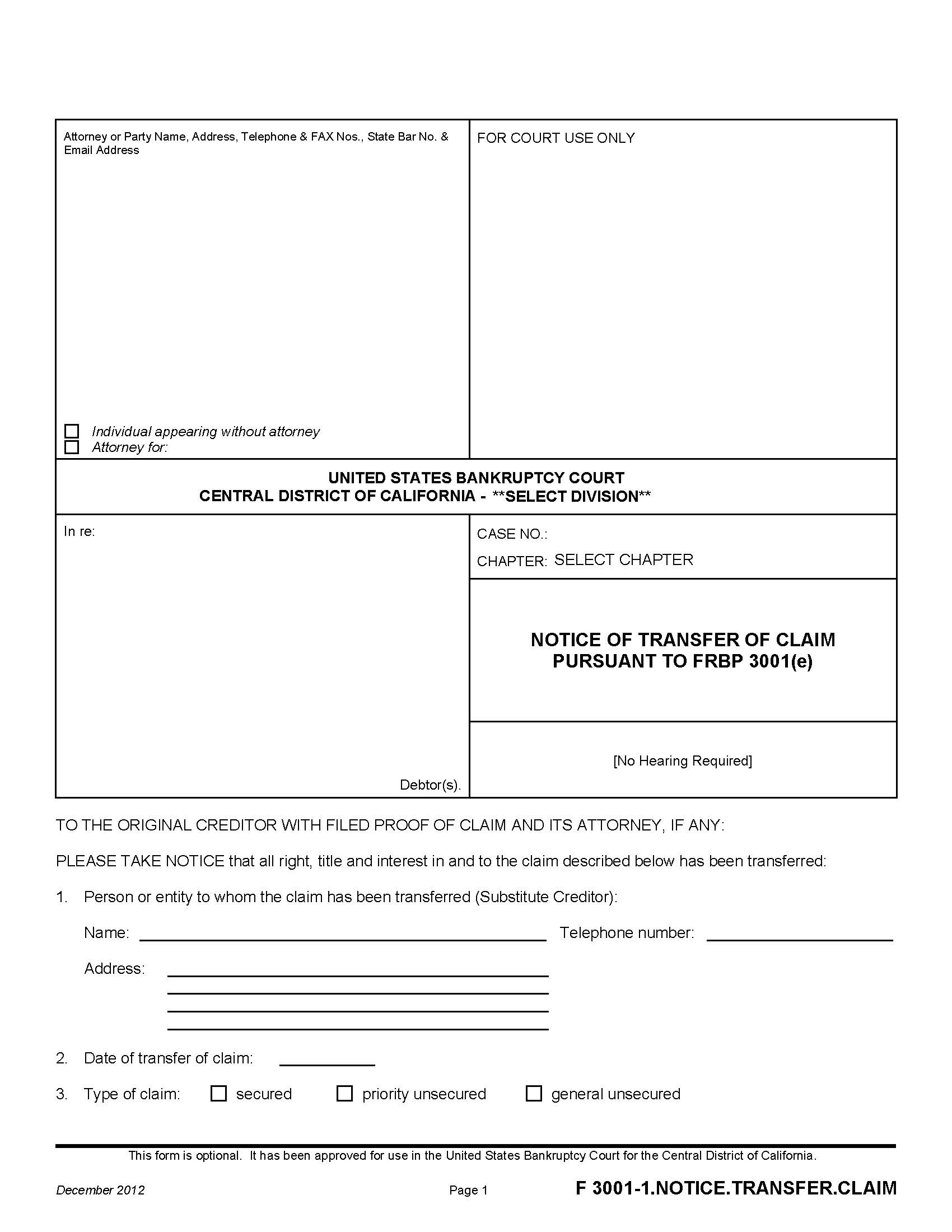Notice Of Transfer Of Claim Pursuant To FRBP 3001(e) {F 3001-1.NOTICE.TRANSFER.CLAIM} | Pdf Fpdf Doc Docx | California