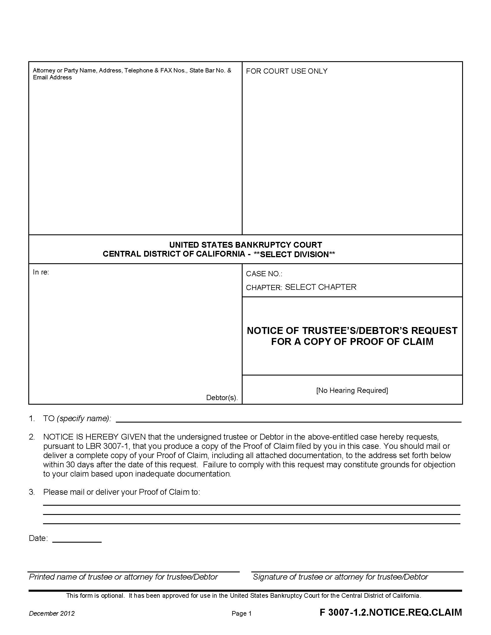 Notice Of Trustees-Debtors Request For A Copy Of Proof Of Claim {F 3007-1.2.NOTICE.REQ.CLAIM} | Pdf Fpdf Doc Docx | California