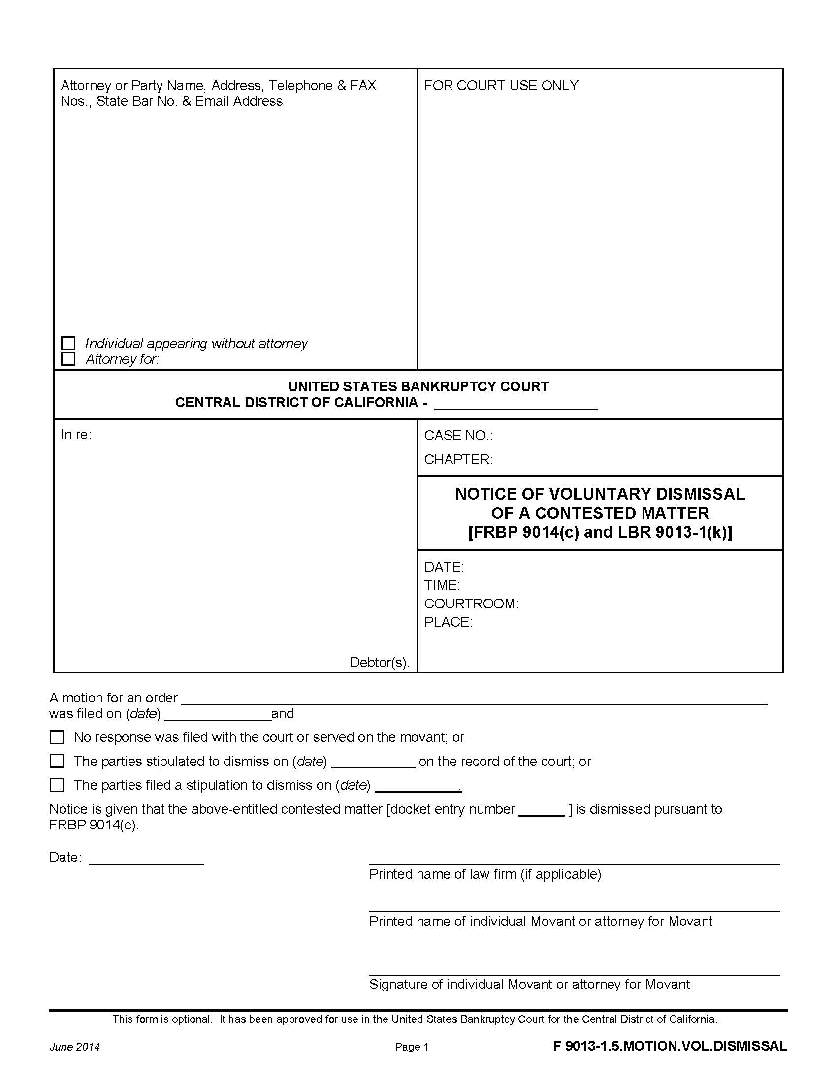 Notice Of Voluntary Dismissal Of A Contested Matter {F 9013-1.5.MOTION.VOL.DISMISSAL} | Pdf Fpdf Doc Docx | California