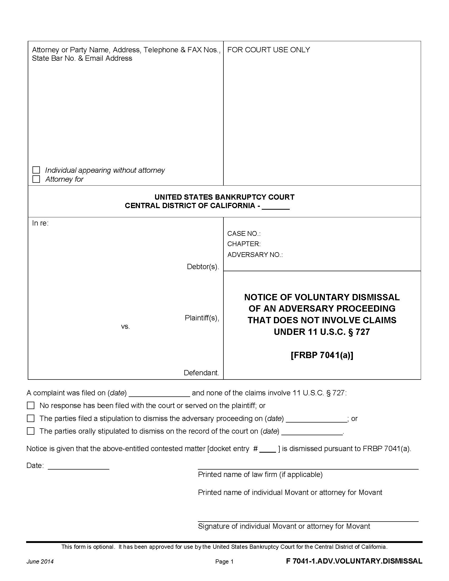 Notice Of Voluntary Dismissal Of An Adversary Proceeding {F 7041-1.ADV.VOLUNTARY.DISMISSAL} | Pdf Fpdf Doc Docx | California