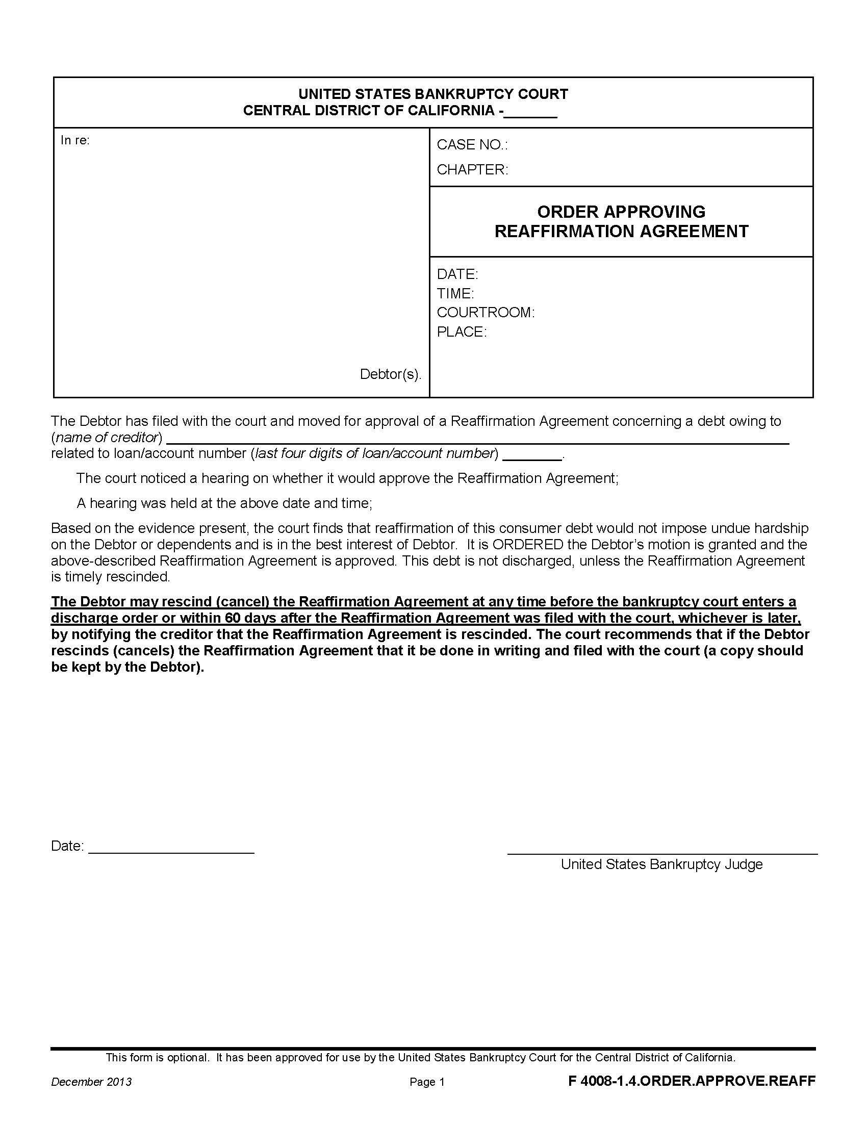 Order Approving Reaffirmation Agreement {F 4008-1.4.ORDER.APPROVE.REAFF} | Pdf Fpdf Doc Docx | California
