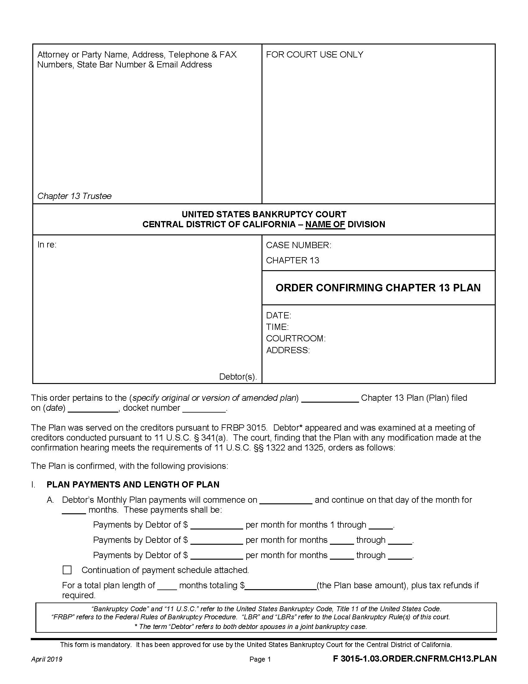 Order Confirming Chapter 13 Plan {F 3015-1.03.ORDER.CNFRM.CH13.PLAN} | Pdf Fpdf Docx | California