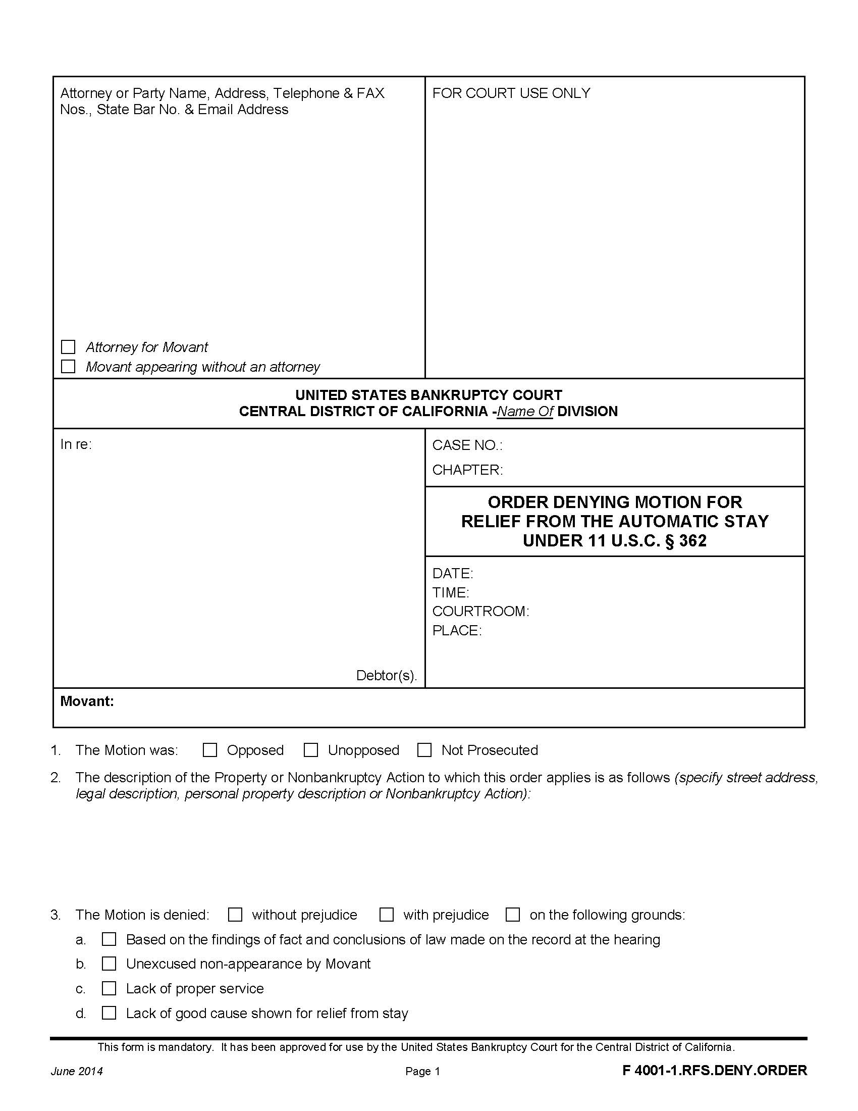Order Denying Motion For Relief From The Automatic Stay {F 4001-1.RFS.DENY.ORDER} | Pdf Fpdf Doc Docx | California