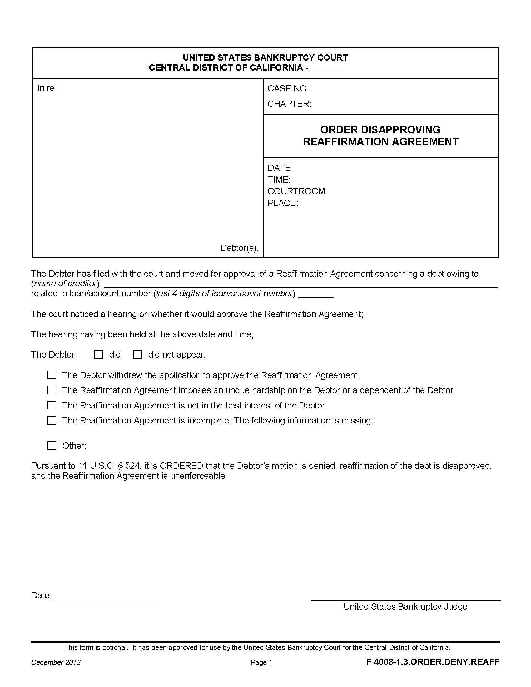 Order Disapproving Reaffirmation Agreement {F 4008-1.3.ORDER.DENY.REAFF} | Pdf Fpdf Doc Docx | California
