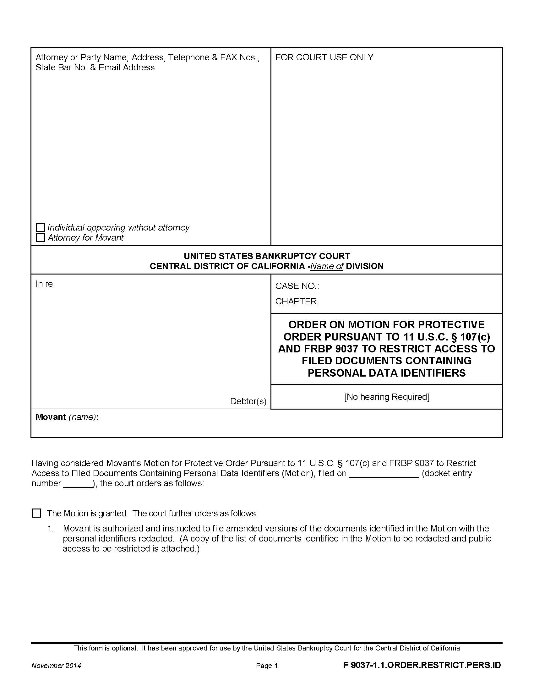 Order For Protective Order-To Restrict Access To Filed Documents {F 9037-1.1.ORDER.RESTRICT.PERS.ID} | Pdf Fpdf Doc Docx | California