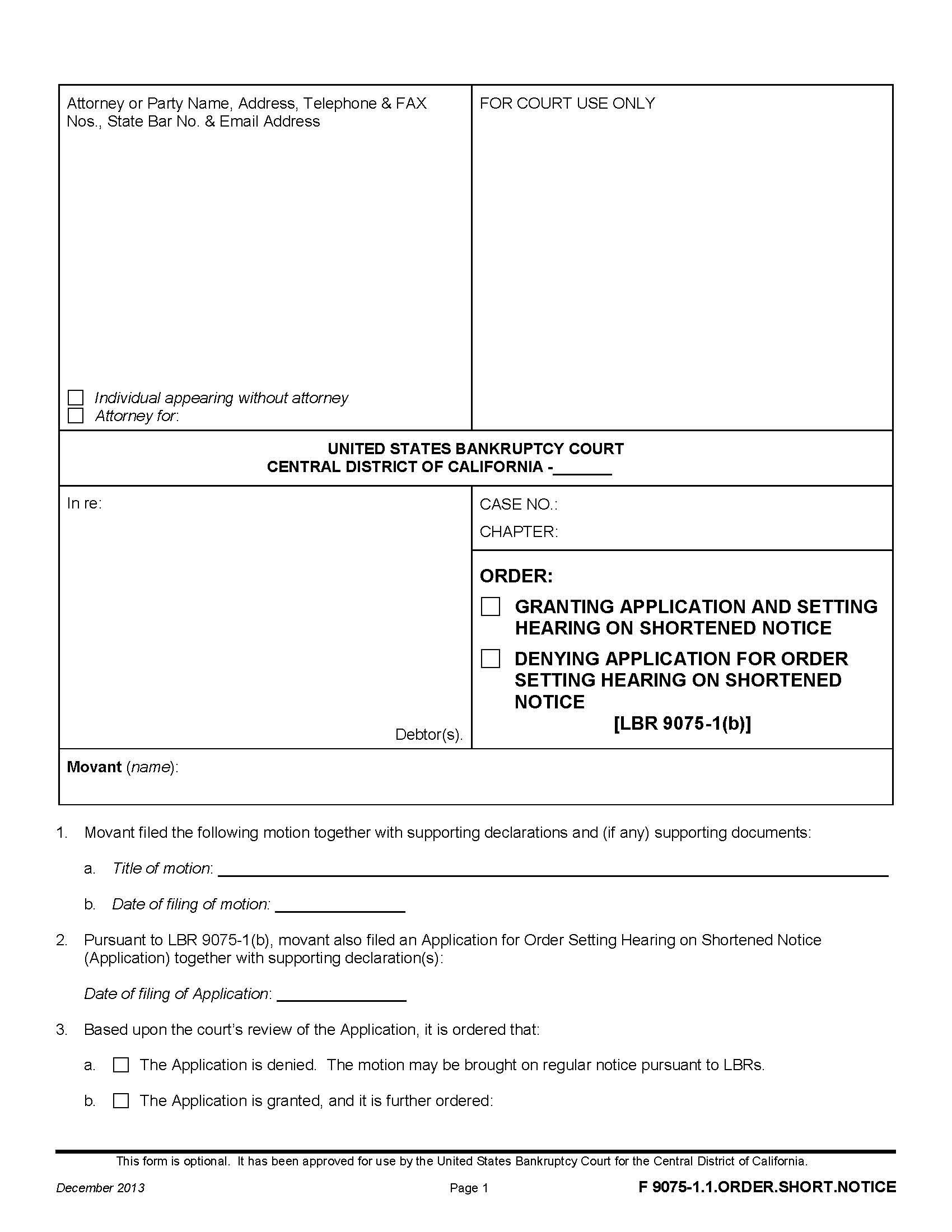 Order Granting Application And Setting Hearing On Shortened Notice-Denying Application {F 9075-1.1.ORDER.SHORT.NOTICE} | Pdf Fpdf Doc Docx | California