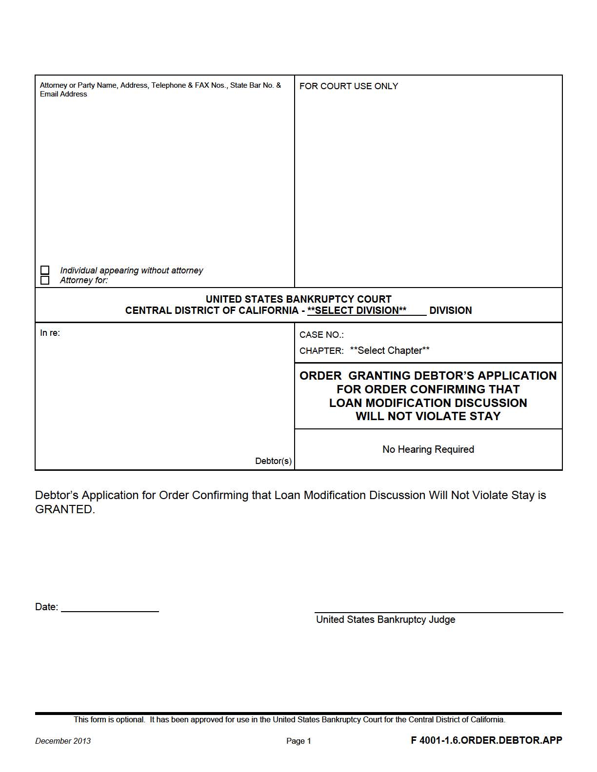 Order Granting Debtors Application For Order Confirming That Loan Modification {F 4001-1.6.ORDER.DEBTOR.APP} | Pdf Fpdf Doc Docx | California