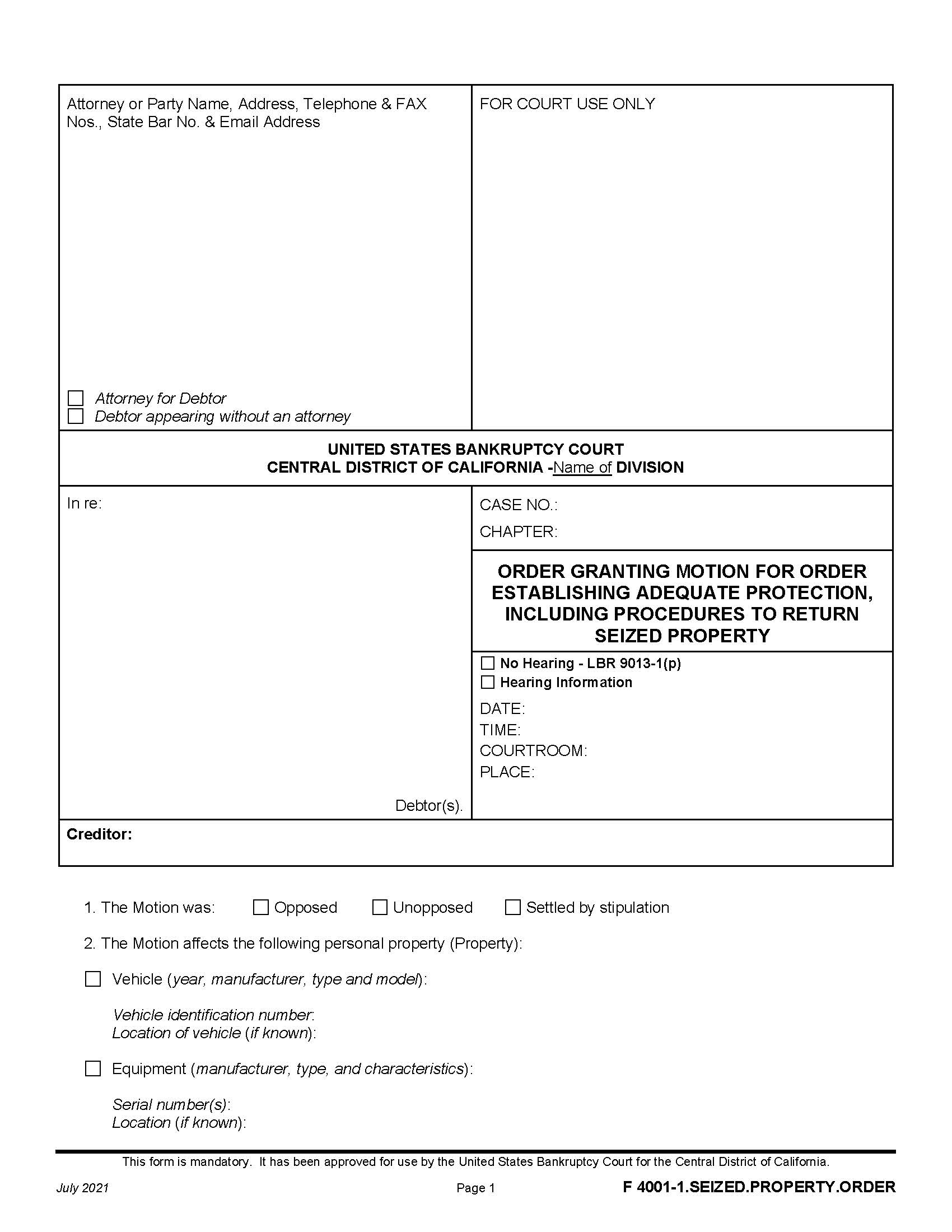 Order Granting Motion For Order Establishing Adequate Protection {F 4001.1-SEIZED.PROPERTY.ORDER} | Pdf Fpdf Docx | California
