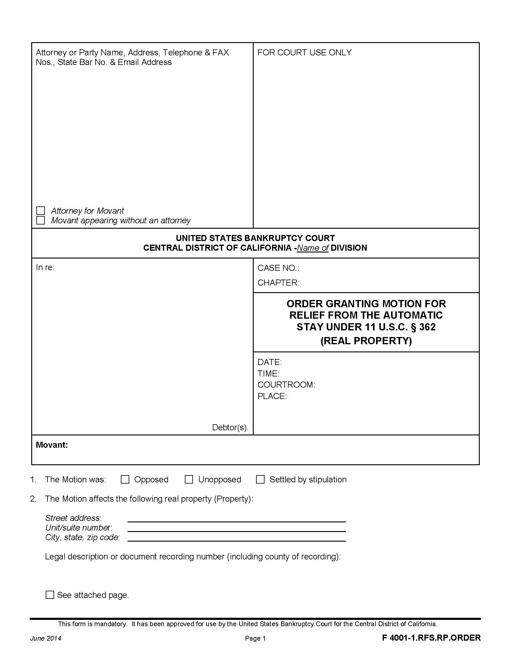 Order Granting Motion For Relief From Automatic Stay (Real Property) {F 4001-1.RFS.RP.ORDER} | Pdf Fpdf Doc Docx | California