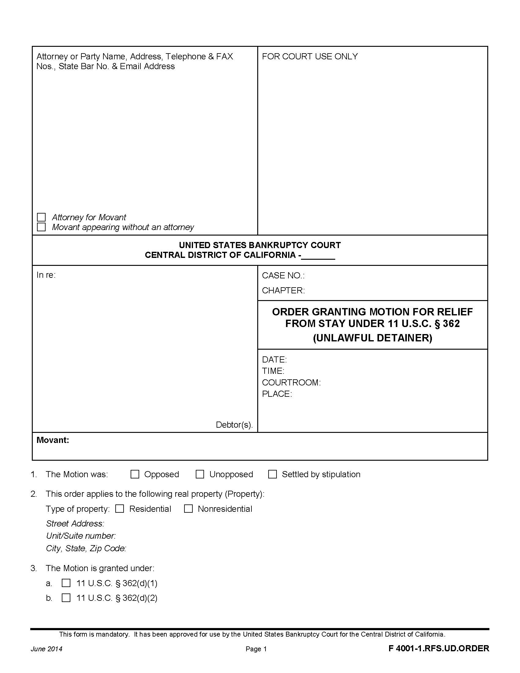Order Granting Motion For Relief From Stay {F 4001-1.RFS.UD.ORDER} | Pdf Fpdf Doc Docx | California