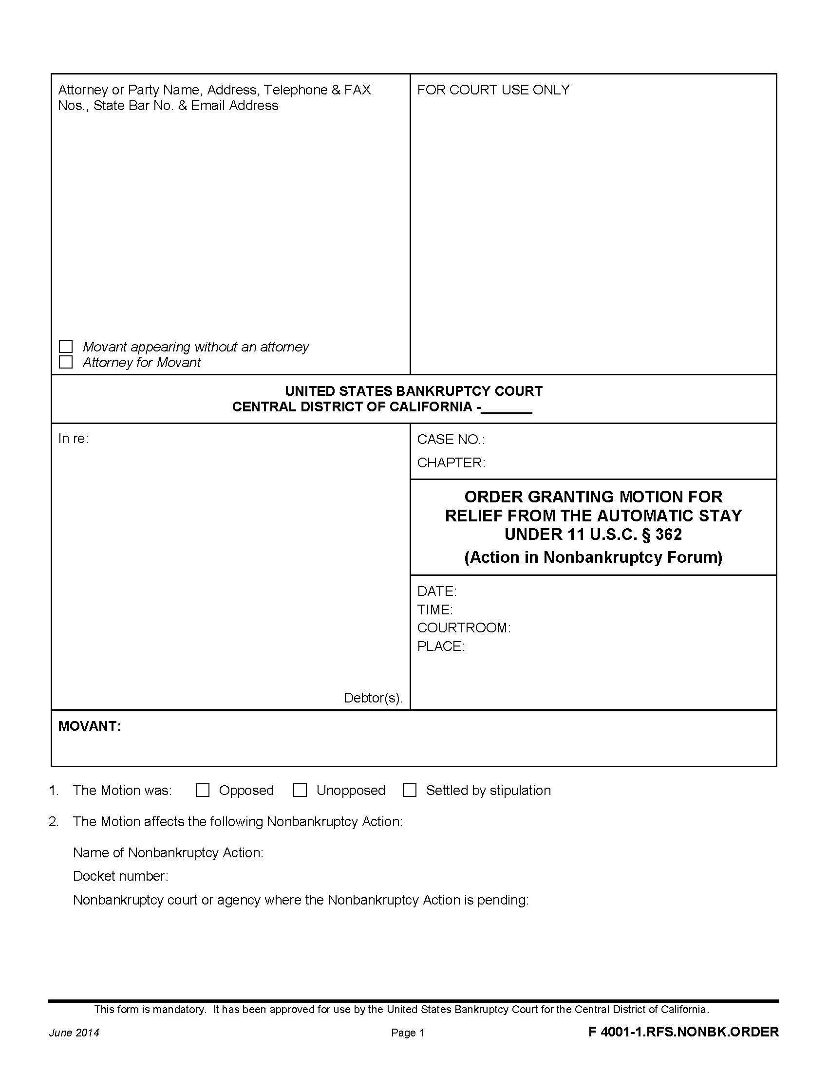 Order Granting Motion For Relief From The Automatic Stay (Non-Bankruptcy Forum) {F 4001-1.RFS.NONBK.ORDER} | Pdf Fpdf Docx | California