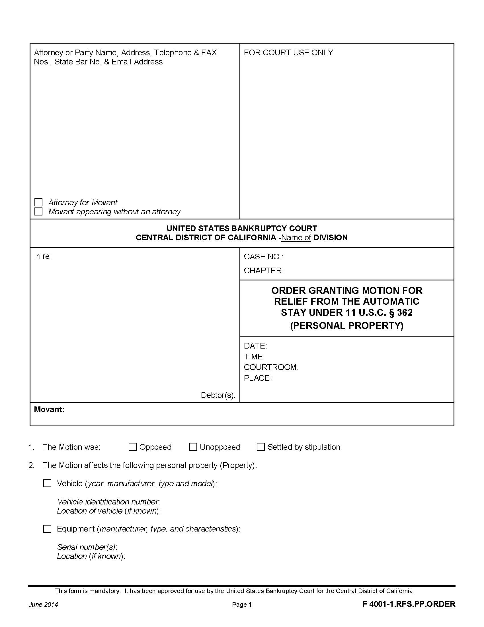 Order Granting Motion For Relief From The Automatic Stay (Personal Property) {F 4001-1.RFS.PP.ORDER} | Pdf Fpdf Doc Docx | California