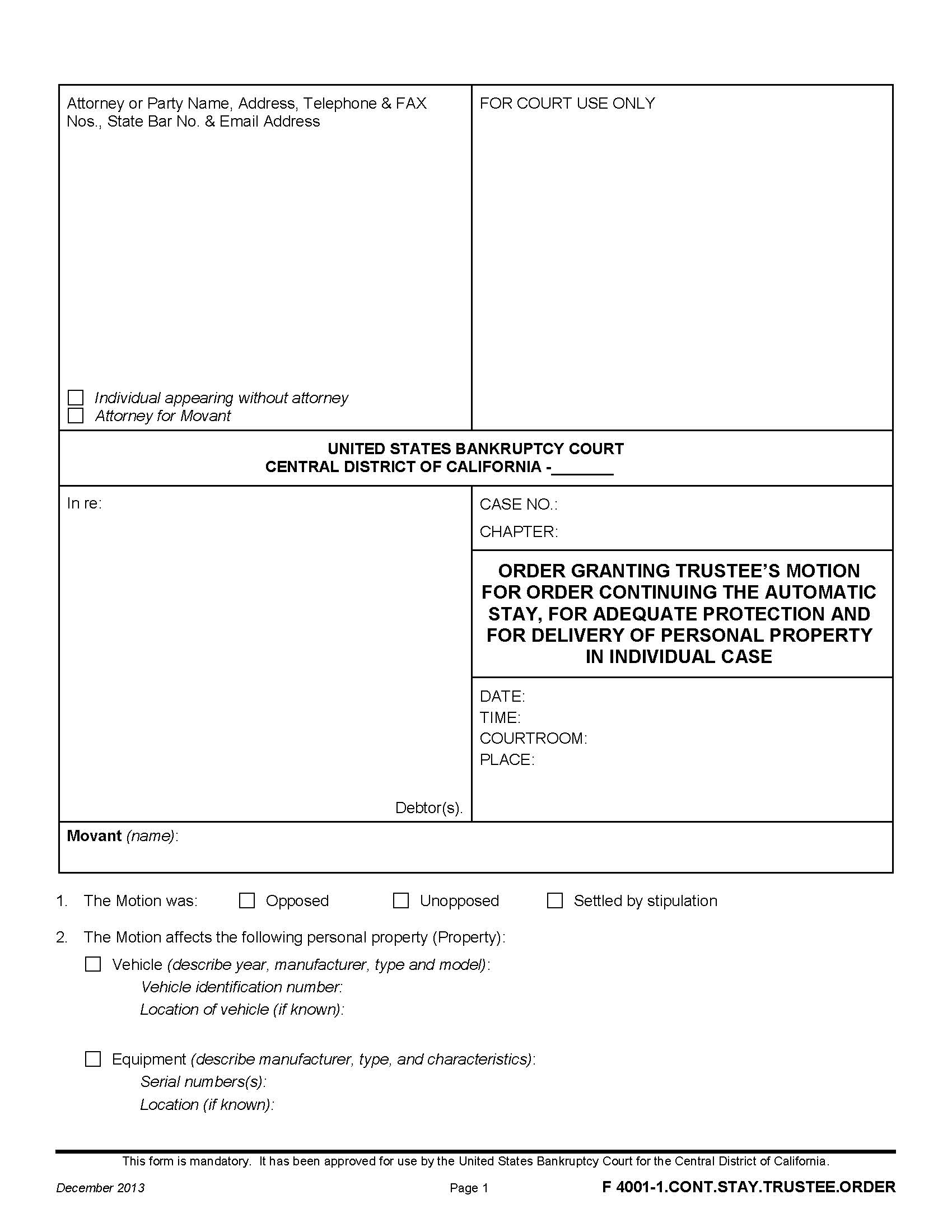 Order Granting Trustees Motion For Order Continuing The Automatic Stay {F 4001-1.CONT.STAY.TRUSTEE.ORDER} | Pdf Fpdf Doc Docx | California