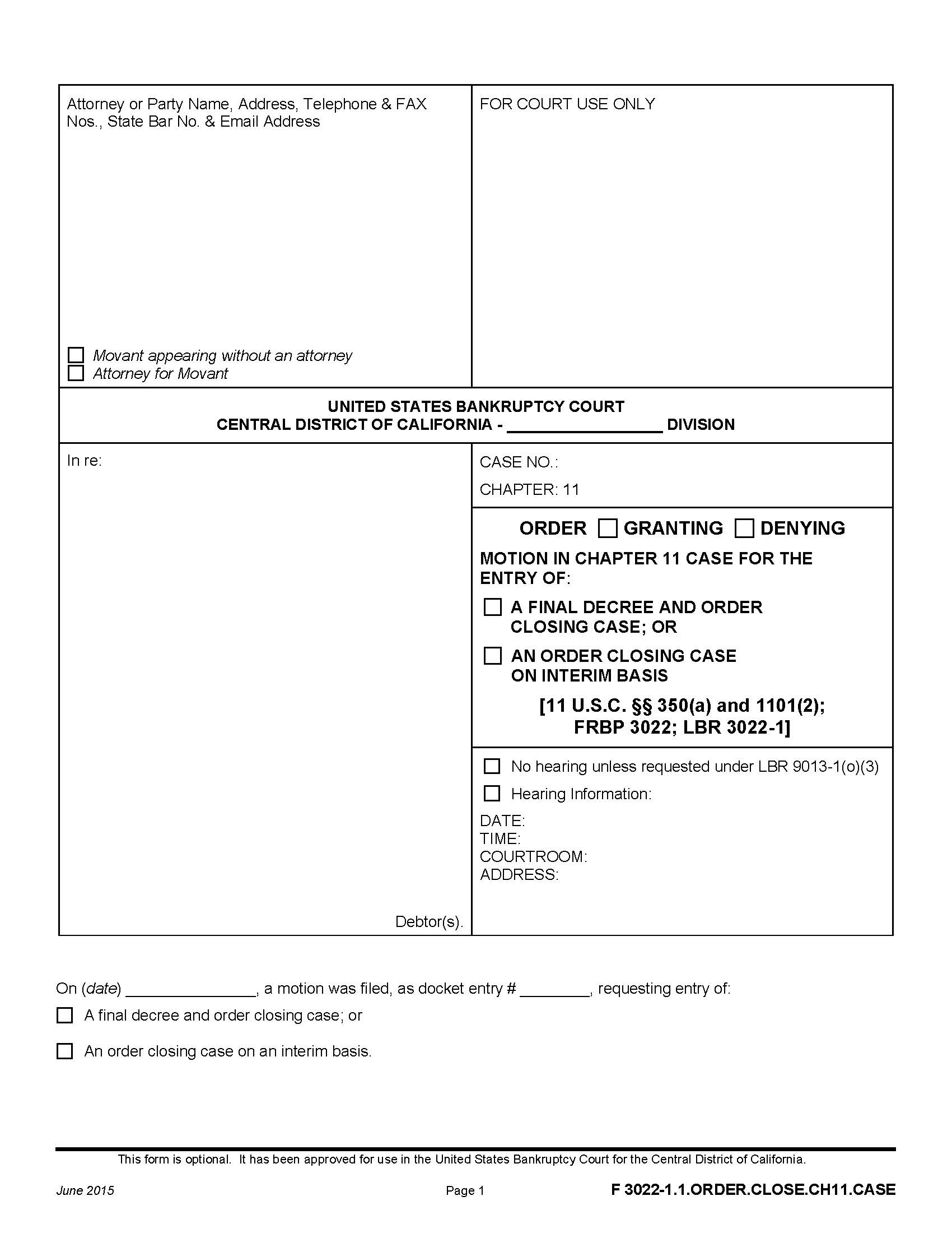 Order Granting-Denying Motion In Chapter 11 Case {F 3022-1.1ORDER.CLOSE.CH11.CASE} | Pdf Fpdf Doc Docx | California