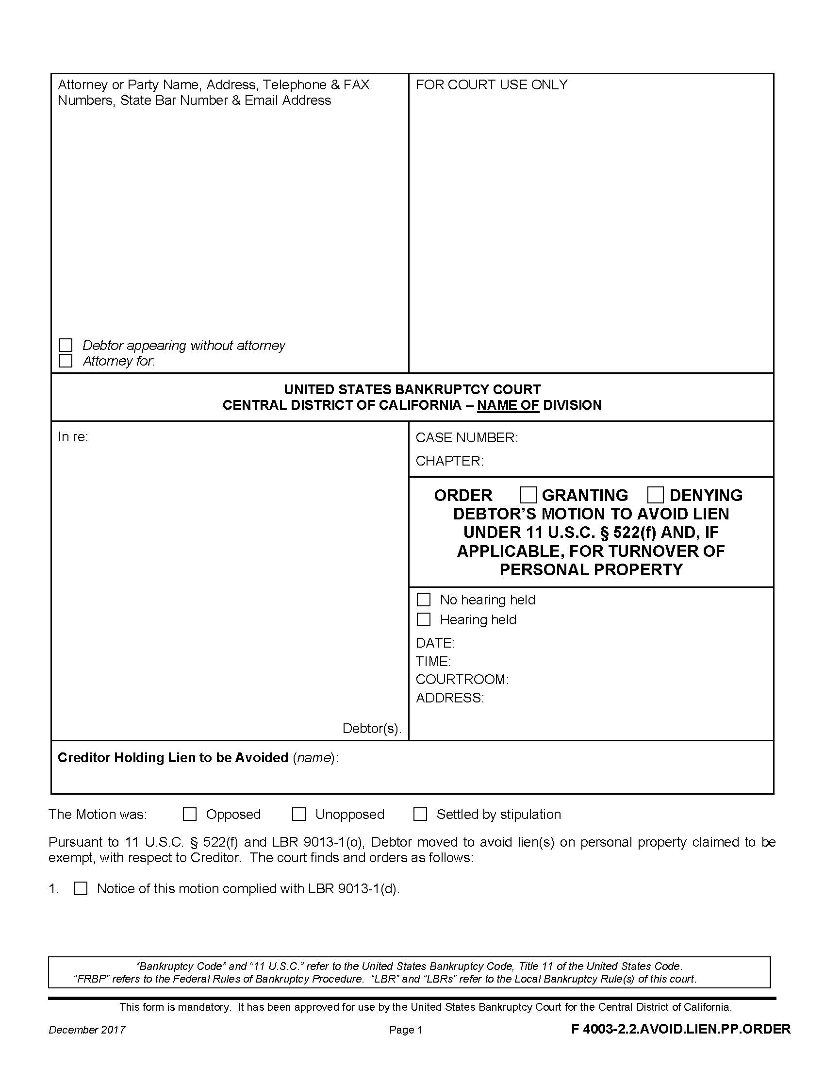 Order Granting-Denying Motion To Avoid Judicial Lien {F 4003-2.2.AVOID.LIEN.PP.ORDER} | Pdf Fpdf Docx | California