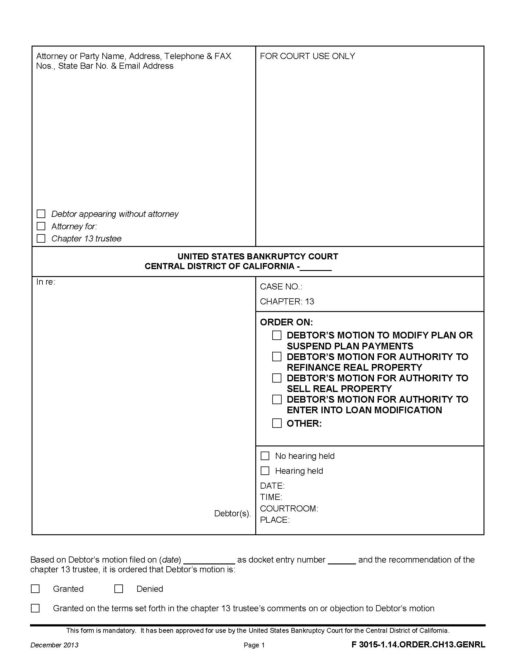 Order On {F 3015-1.14.ORDER.CH13.GENRL} | Pdf Fpdf Doc Docx | California