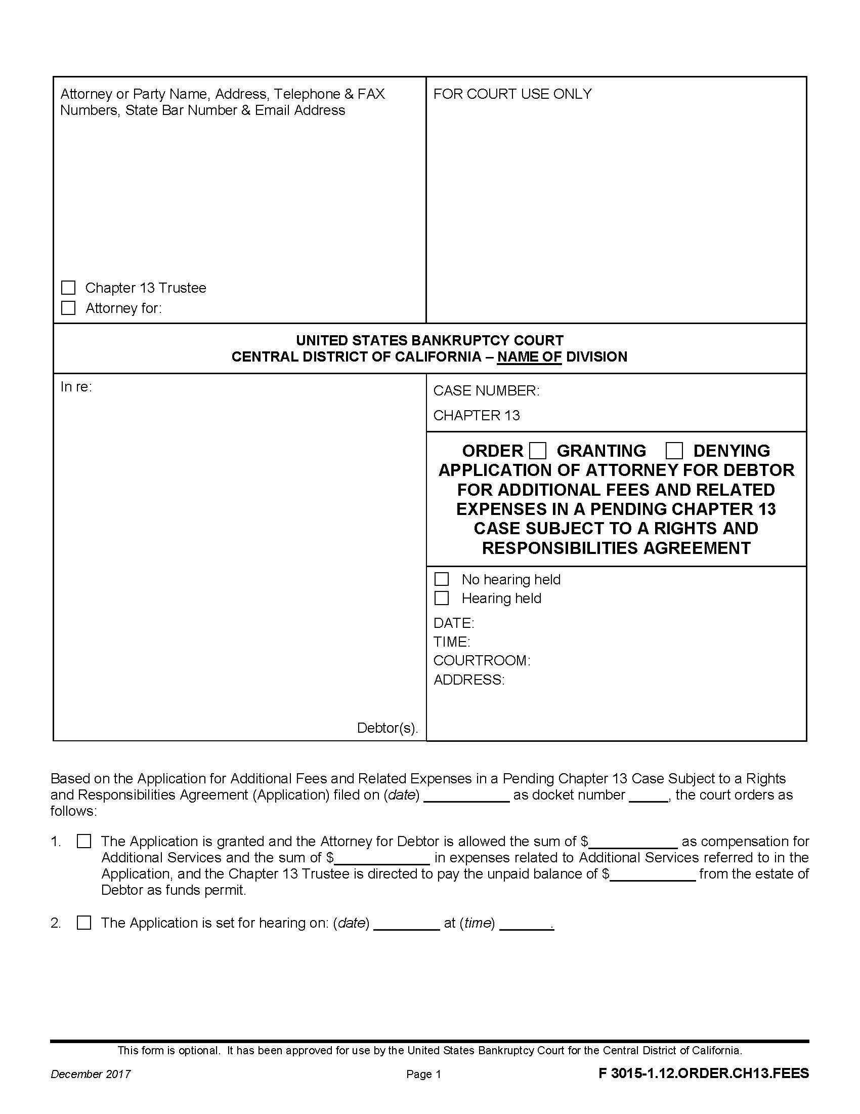 Order On Application For Supplemental Fees {F 3015-1.12.ORDER.CH13.FEES} | Pdf Fpdf Docx | California
