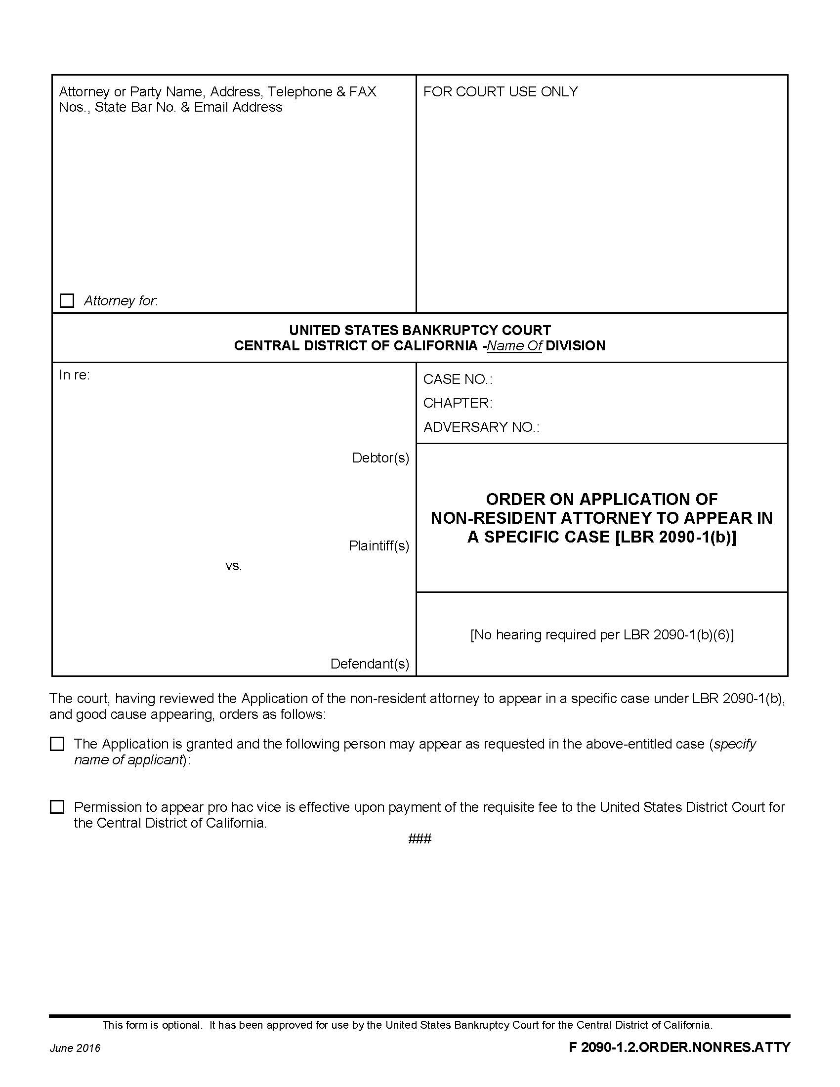 Order On Application Of Non-Resident Attorney To Appear In A Specific Case {F 2090-1.2.ORDER.NONRES.ATTY} | Pdf Fpdf Docx | California