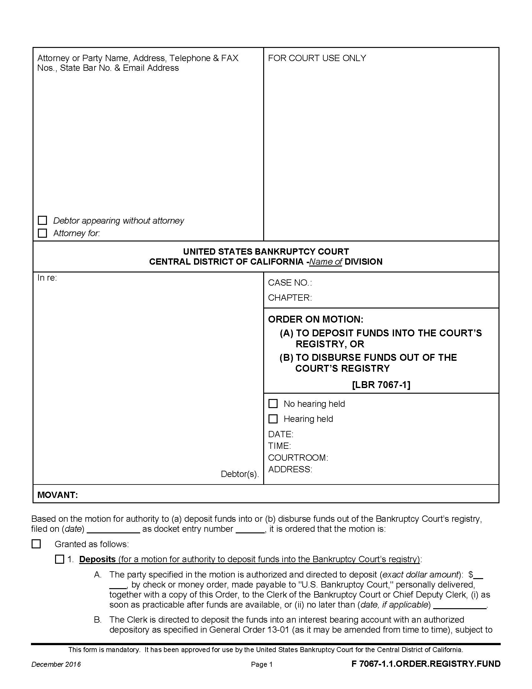 Order On Motion (A) To Deposit Funds Into The Courts Registry {F 7067-1.1.ORDER.REGISTRY.FUND} | Pdf Fpdf Docx | California