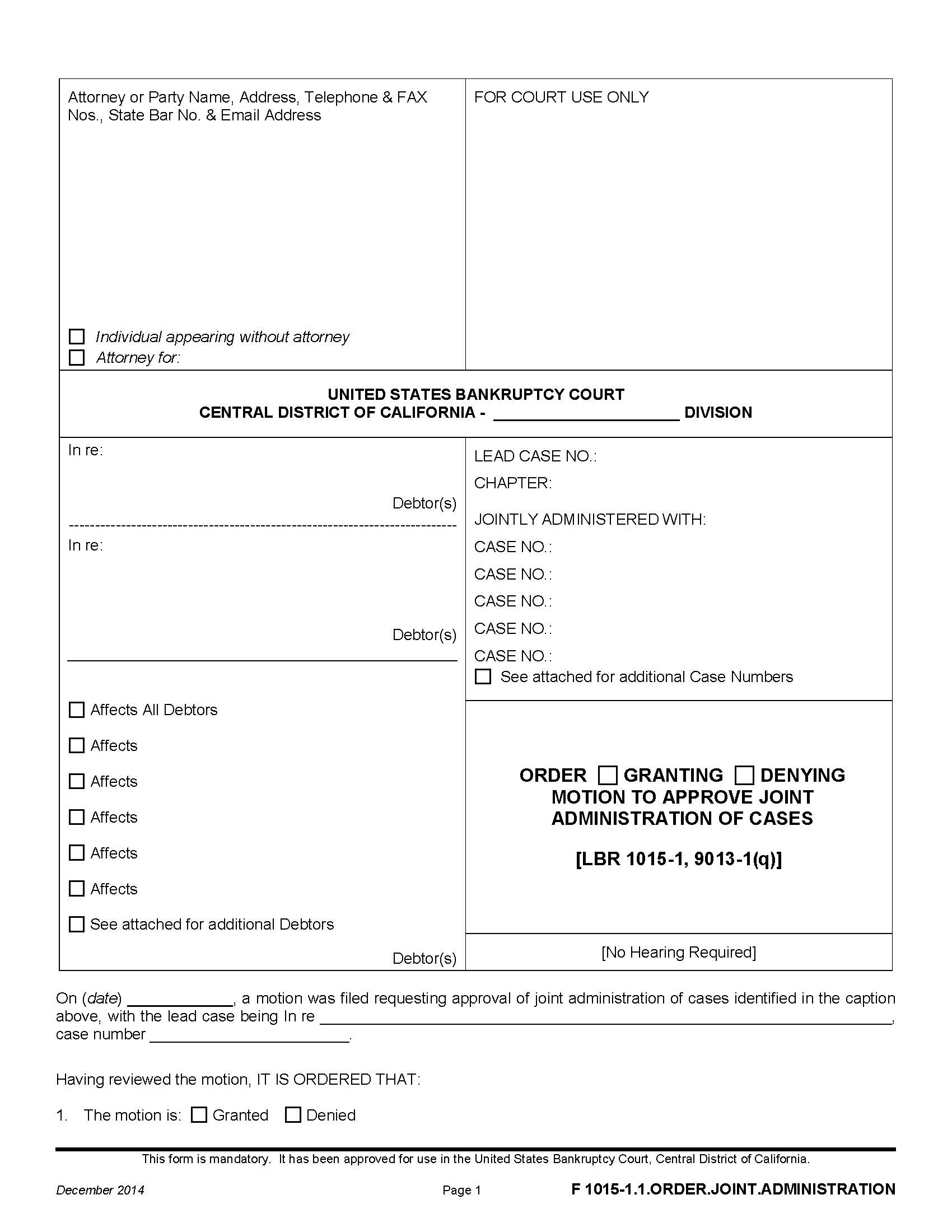 Order On Motion To Approve Joint Administration Of Cases {F 1015-1.1.ORDER.JOINT.ADMINISTRATION} | Pdf Fpdf Doc Docx | California