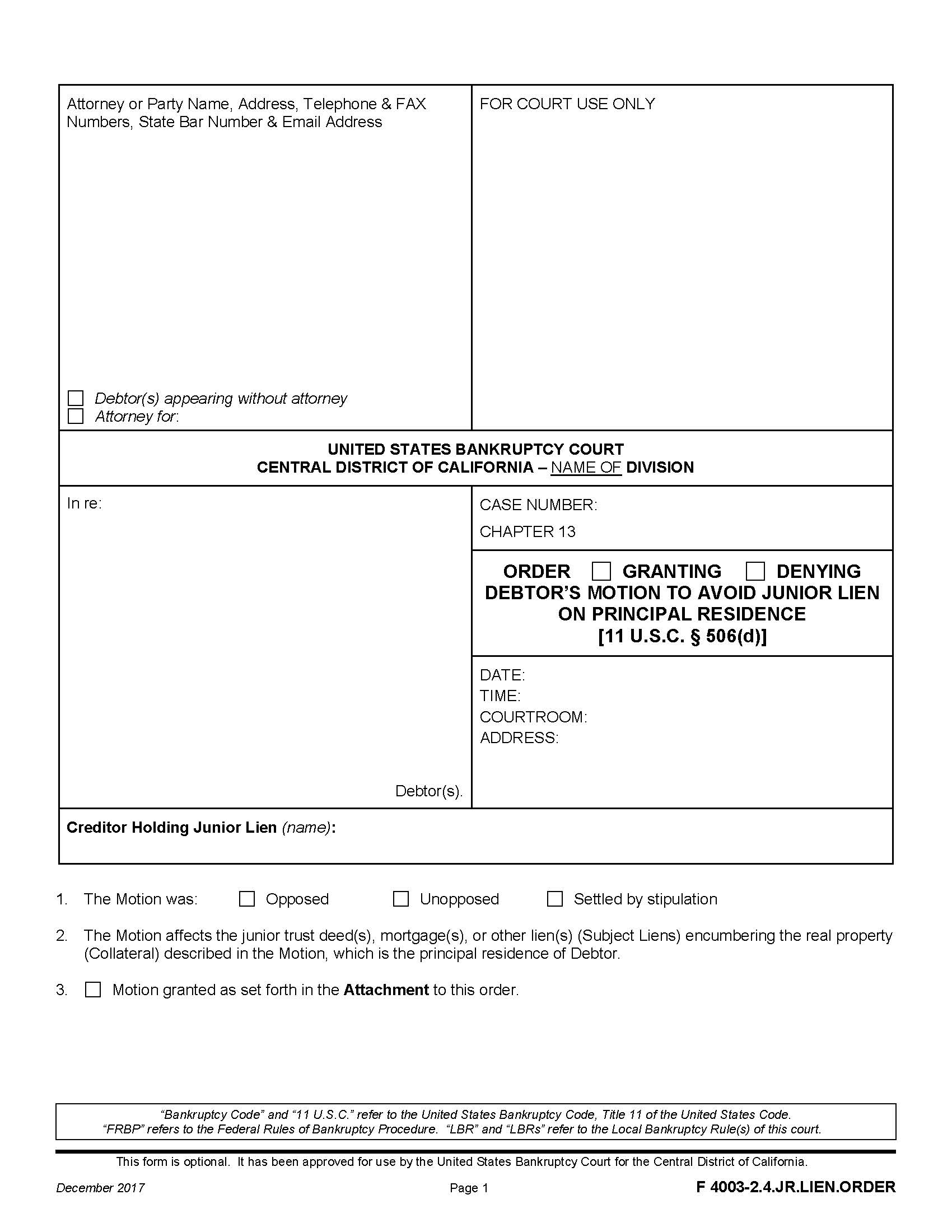 Order On Motion To Avoid Junior Lien On Principal Residence {F 4003-2.4.JR.LIEN.ORDER} | Pdf Fpdf Docx | California