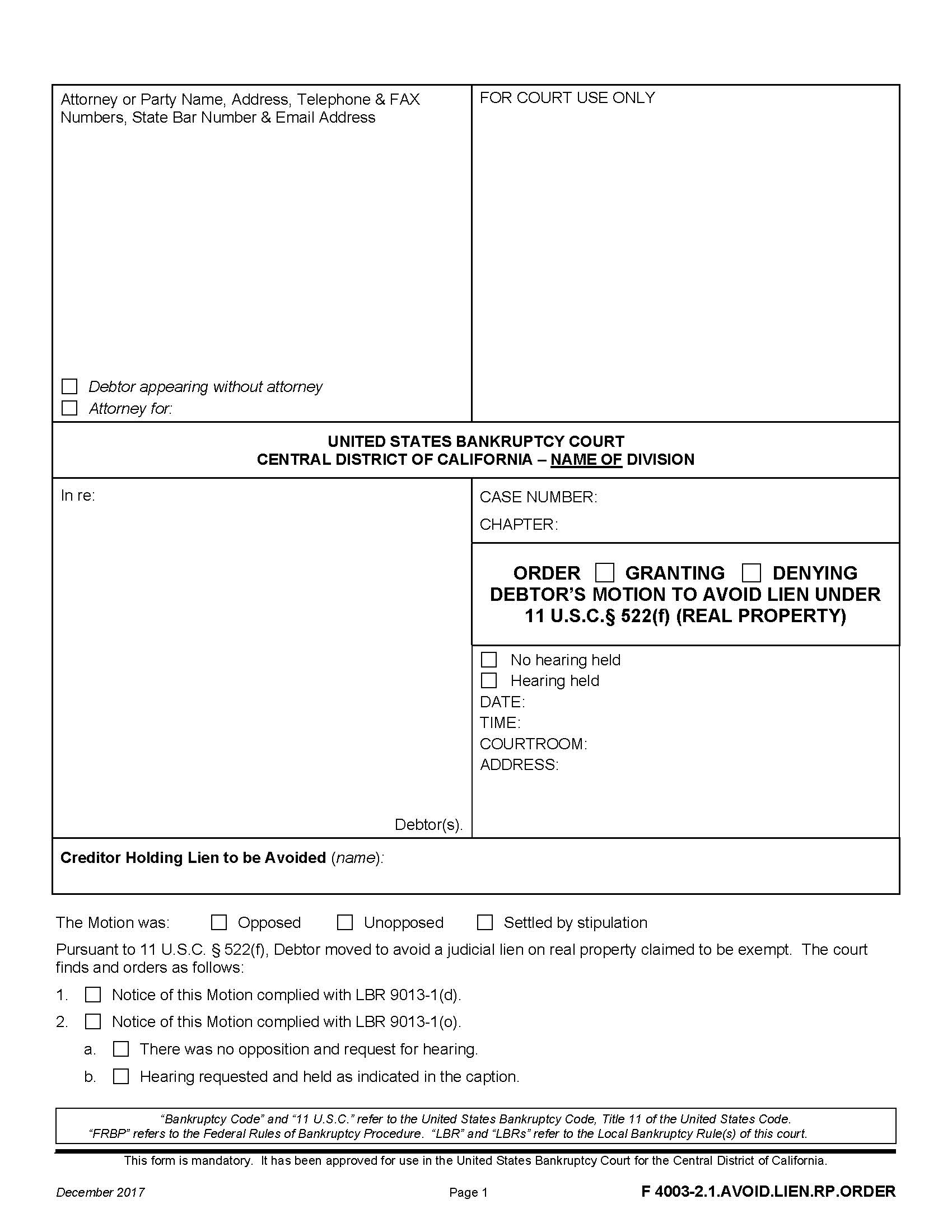 Order On Motion To Avoid Lien {F 4003-2.1.AVOID.LIEN.RP.ORDER} | Pdf Fpdf Docx | California