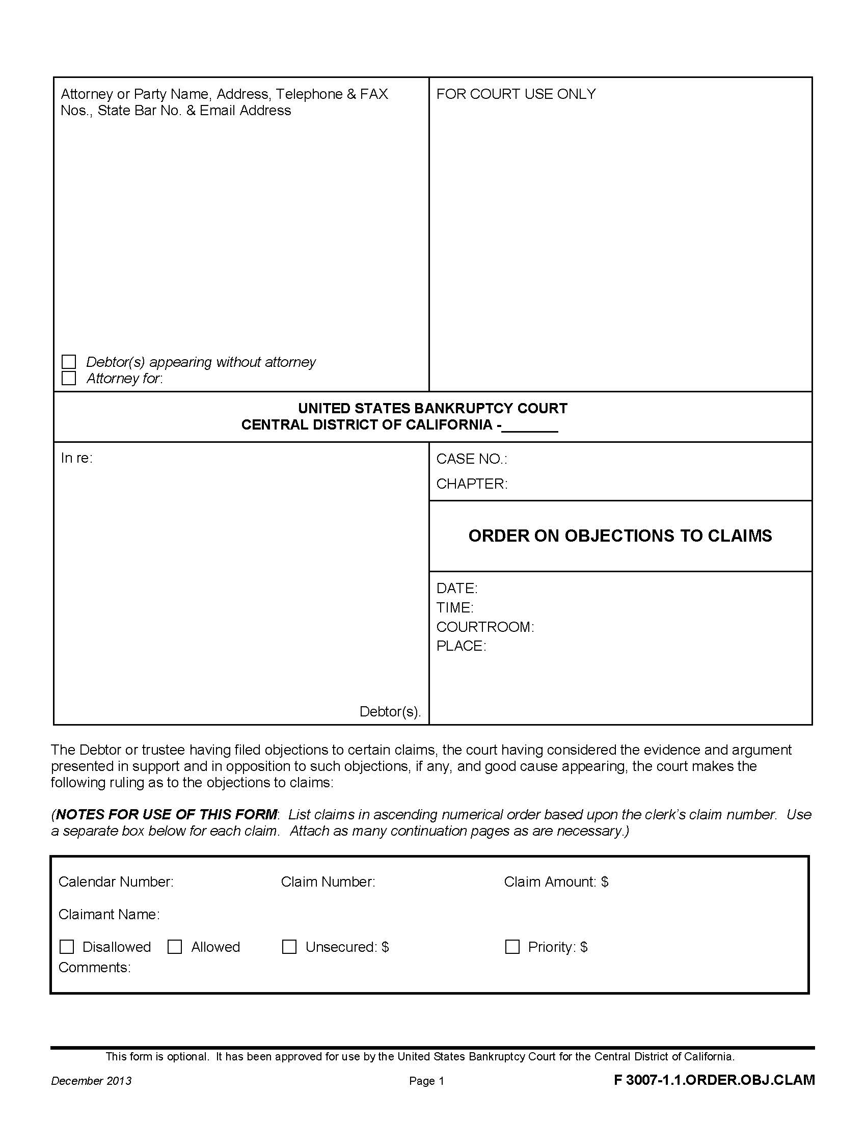 Order On Objections To Claim {F 3007-1.1.ORDER.OBJ.CLAIM} | Pdf Fpdf Doc Docx | California