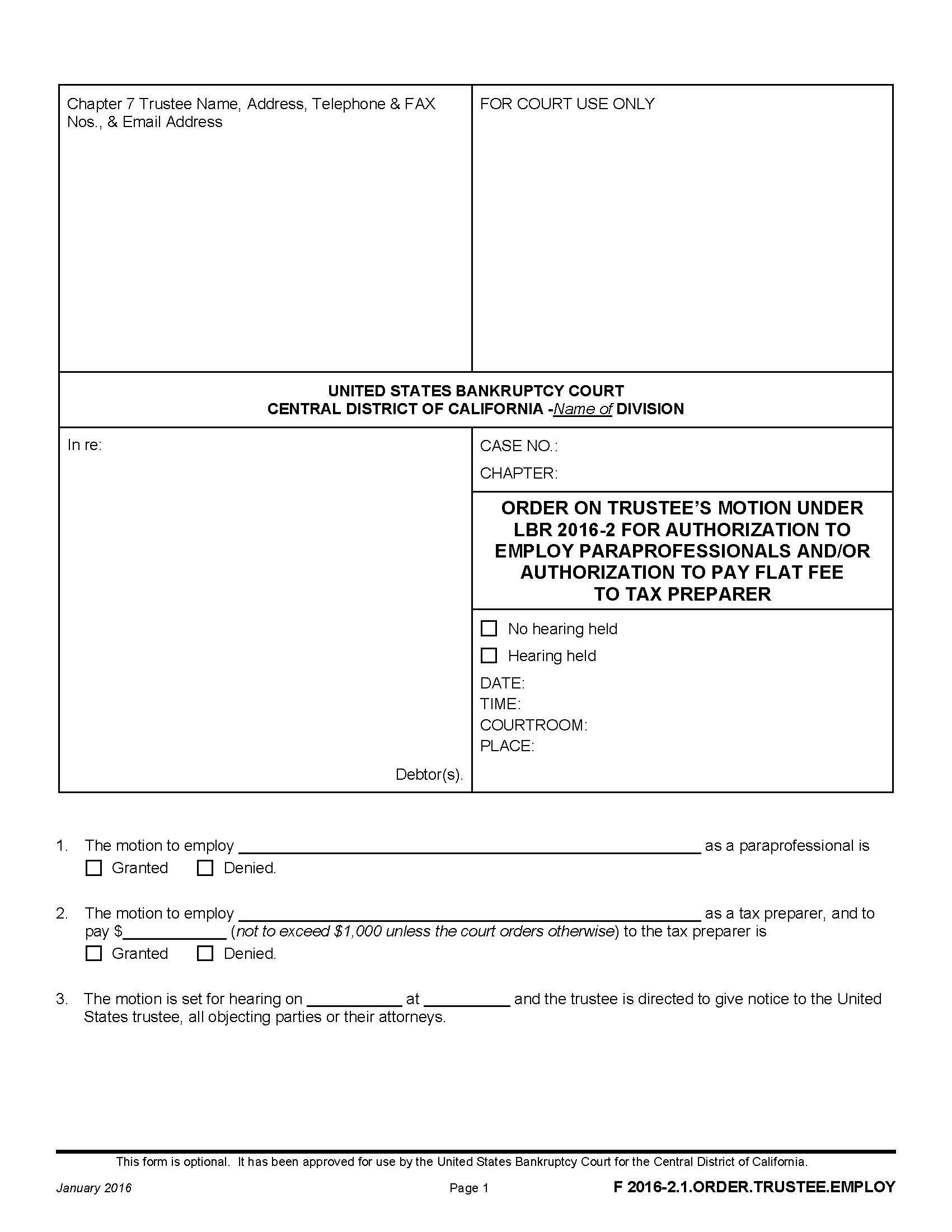Order On Trustees Motion Under LBR 2016-2 For Authorization To Employ Paraprofessionals {F 2016-2.1. ORDER.TRUSTEE.EMPLOY} | Pdf Fpdf Doc Docx | California