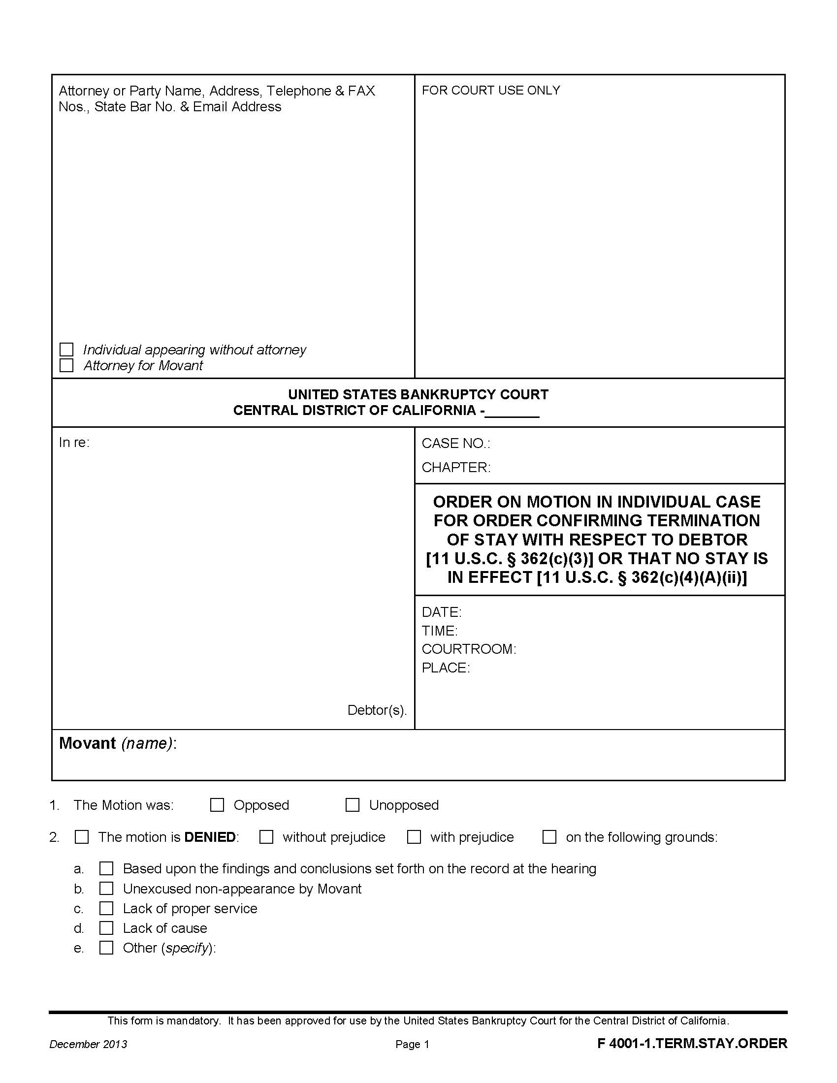 Order RE Motion In Individual Case For Order Confirming Termination Of Stay {F 4001-1.TERM.STAY.ORDER} | Pdf Fpdf Doc Docx | California