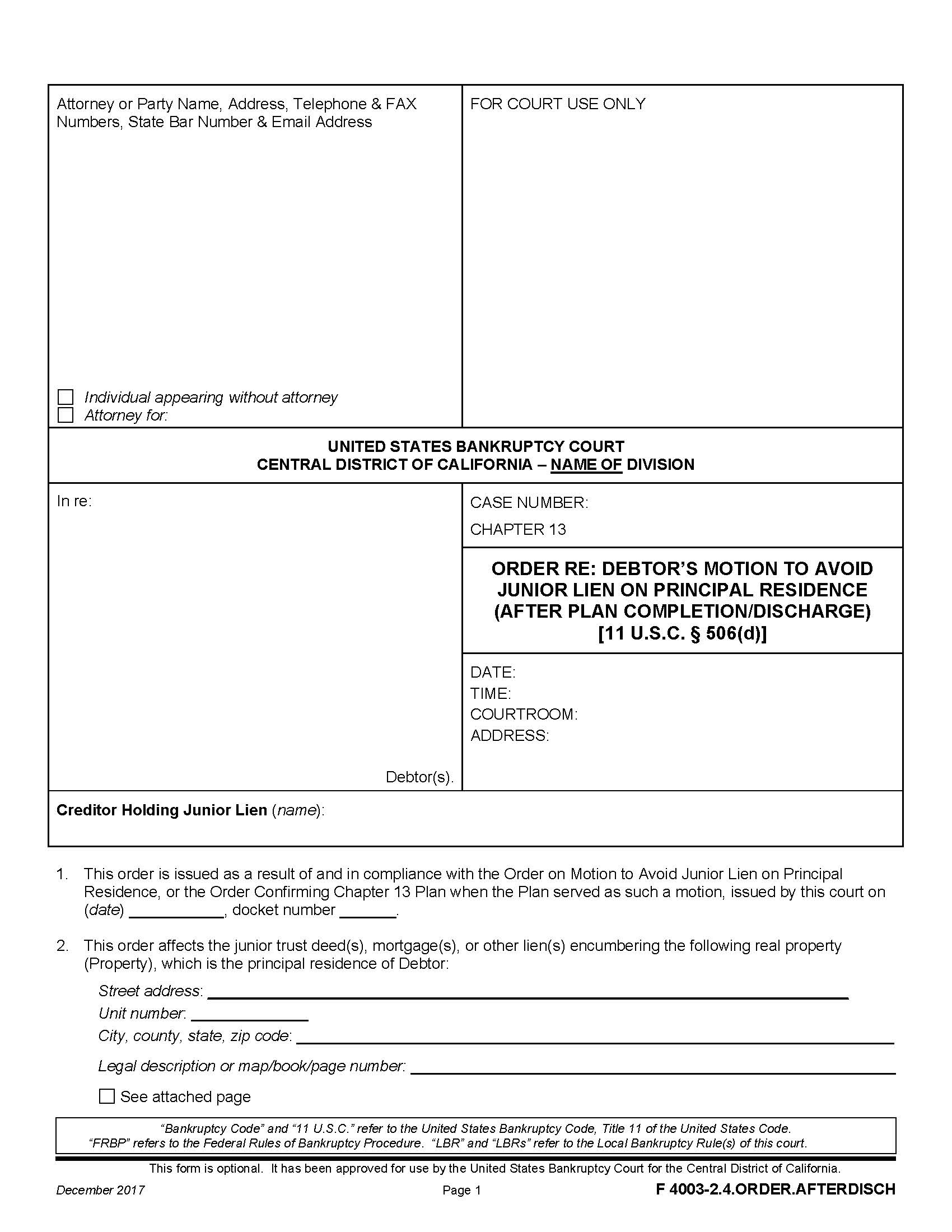 Order RE Motion To Avoid Junior Lien On Principal Residence {F 4003-2.4.ORDER.AFTERDISCH} | Pdf Fpdf Docx | California