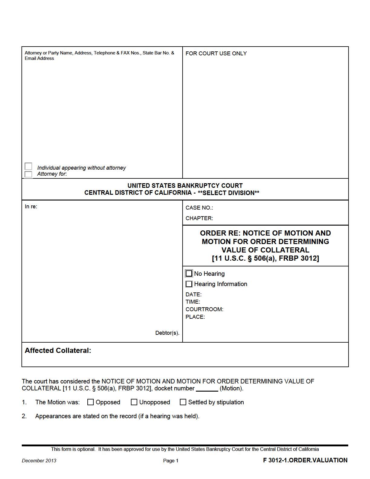Order Re Notice Of Motion And Motion For Order Determining Value {F 3012-1.ORDER.VALUATION} | Pdf Fpdf Doc Docx | California